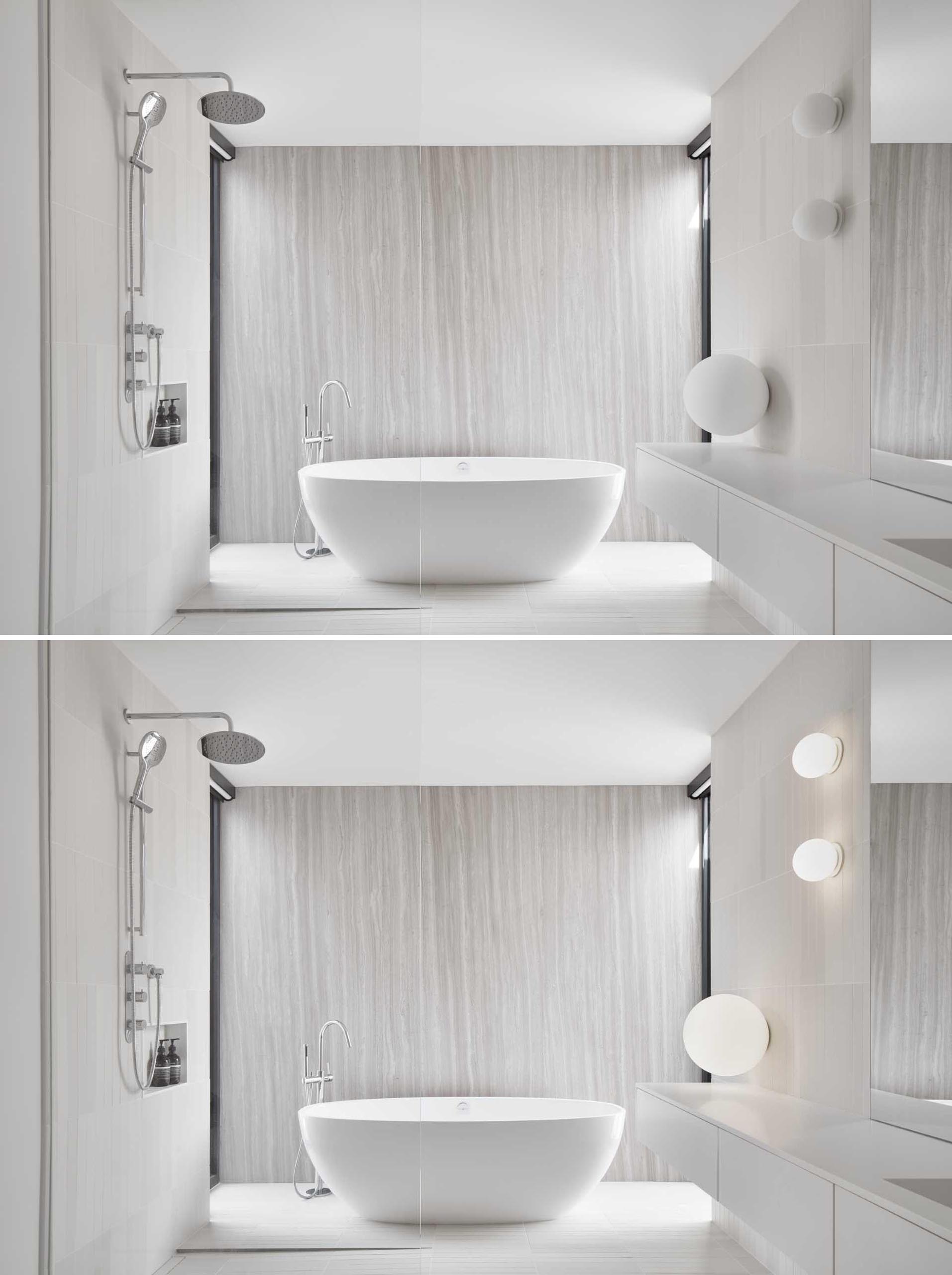 This modern en-suite bathroom has a feature wall made using large limestone slabs, while wall mounted lighting is an interesting way to create a calming atmosphere.