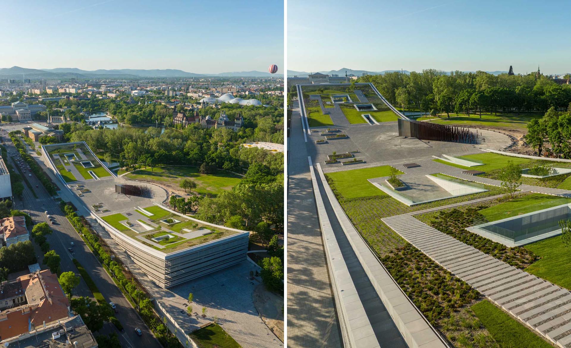 A museum in Hungary has a curved green roof that visitors can enjoy.