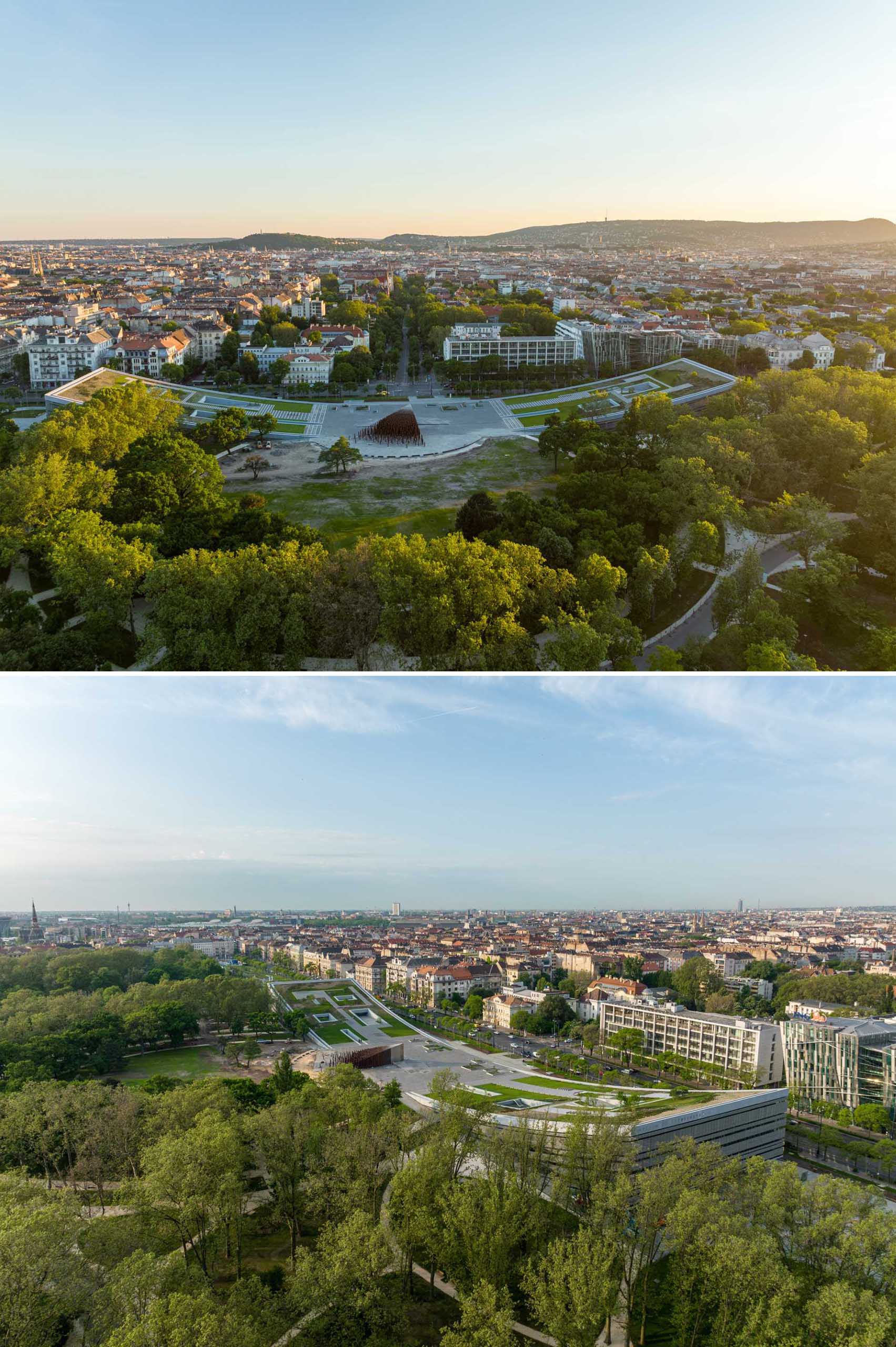 A museum in Hungary has a curved green roof.