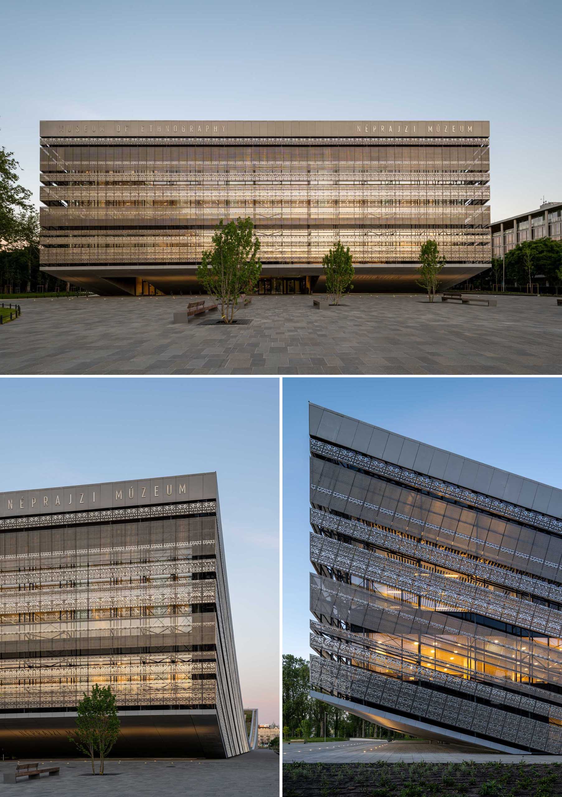 This building includes a glass facade that showcases decorative metal panels.