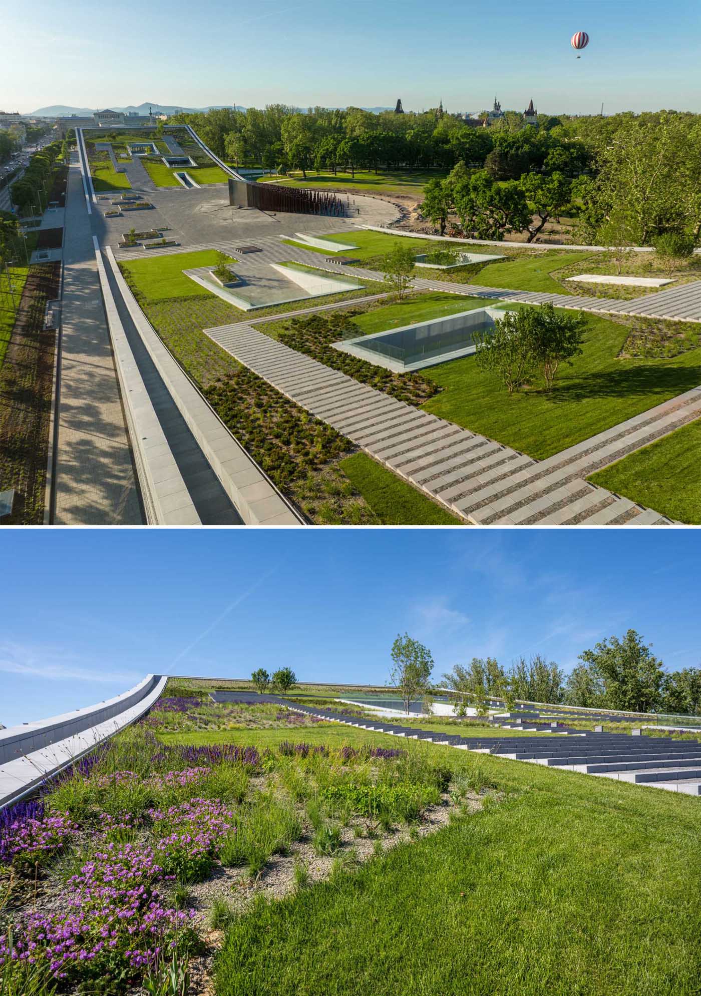 A modern building with a curved green roof includes grass, plants, and steps.