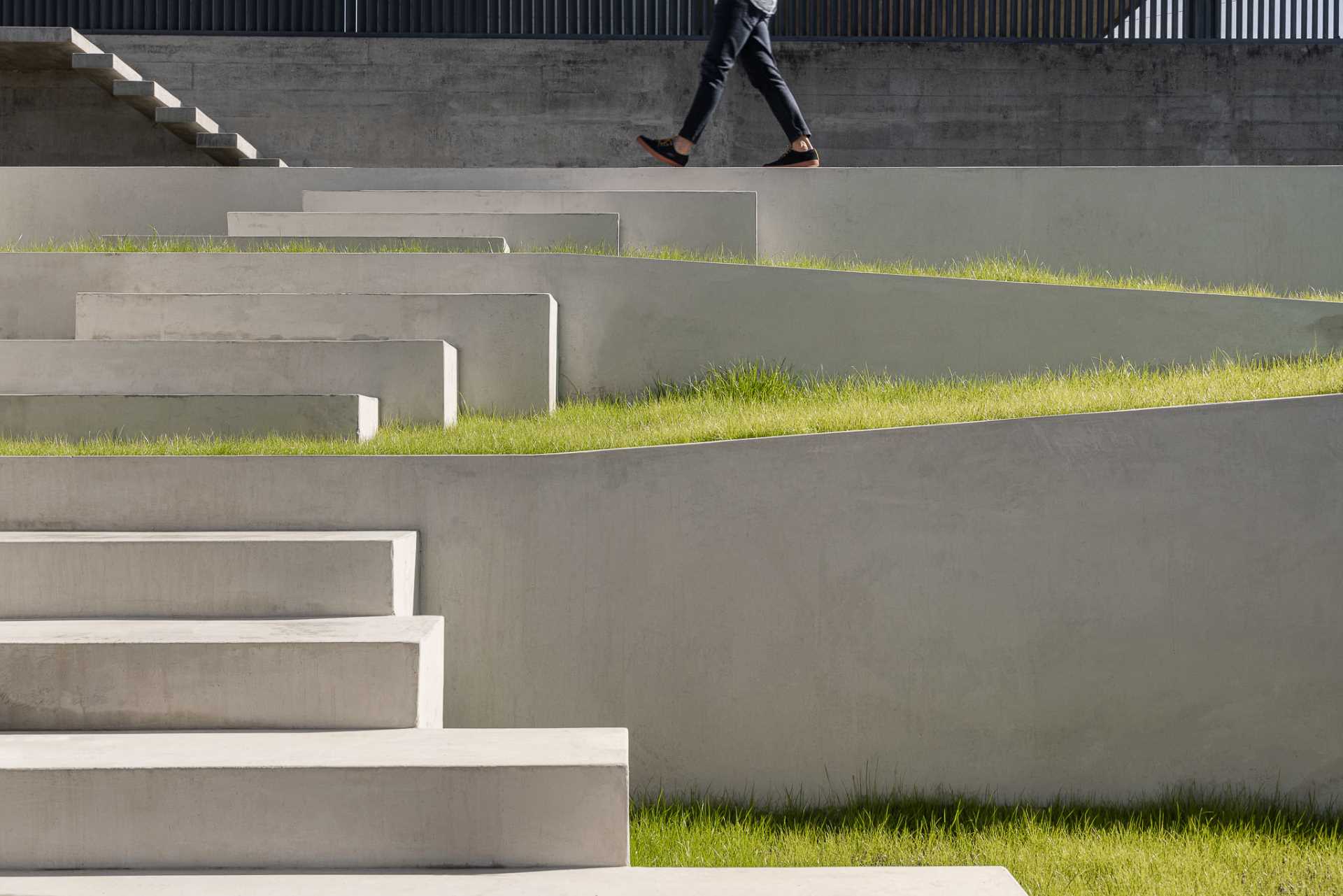 A modern landscaped yard with concrete stairs and retaining walls.