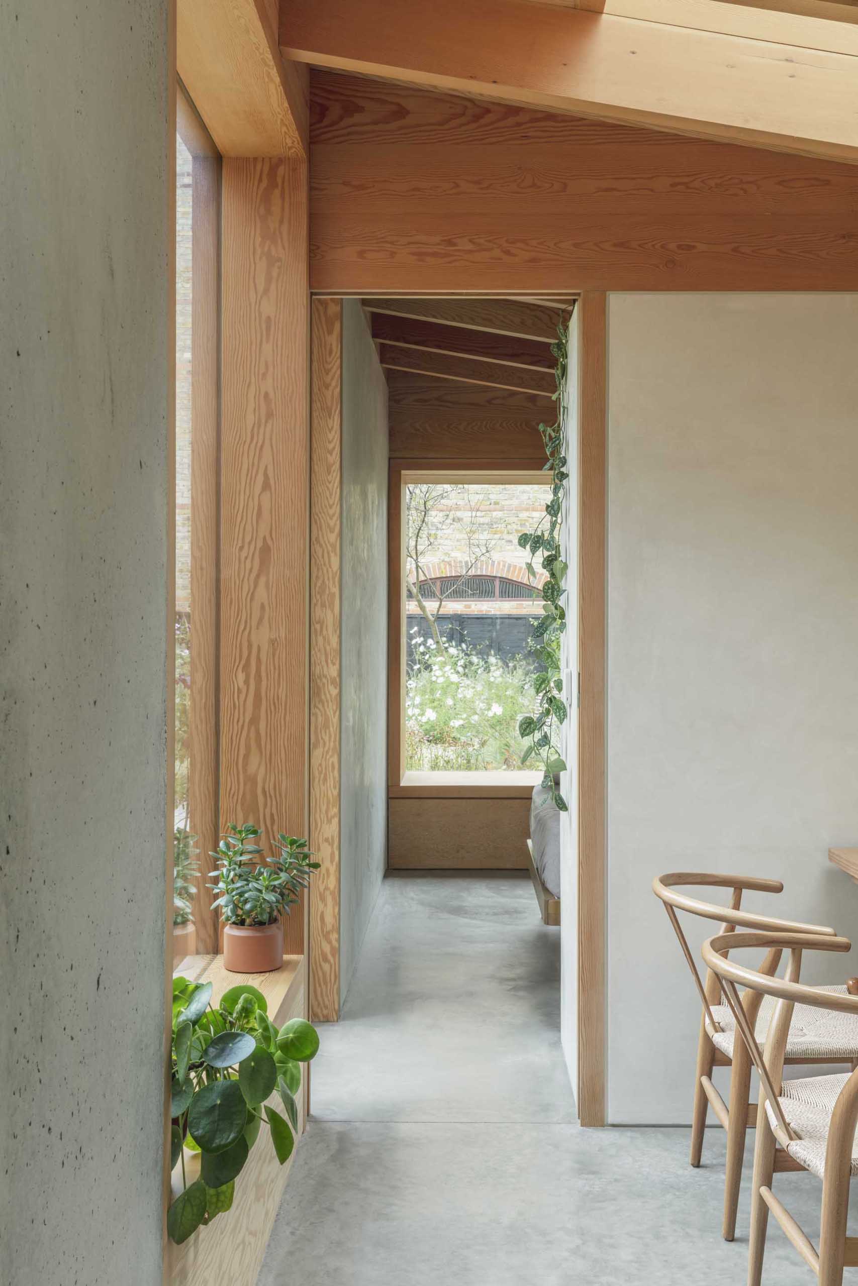 A modern home with polished concrete floors, and exposed Douglas Fir wood elements.