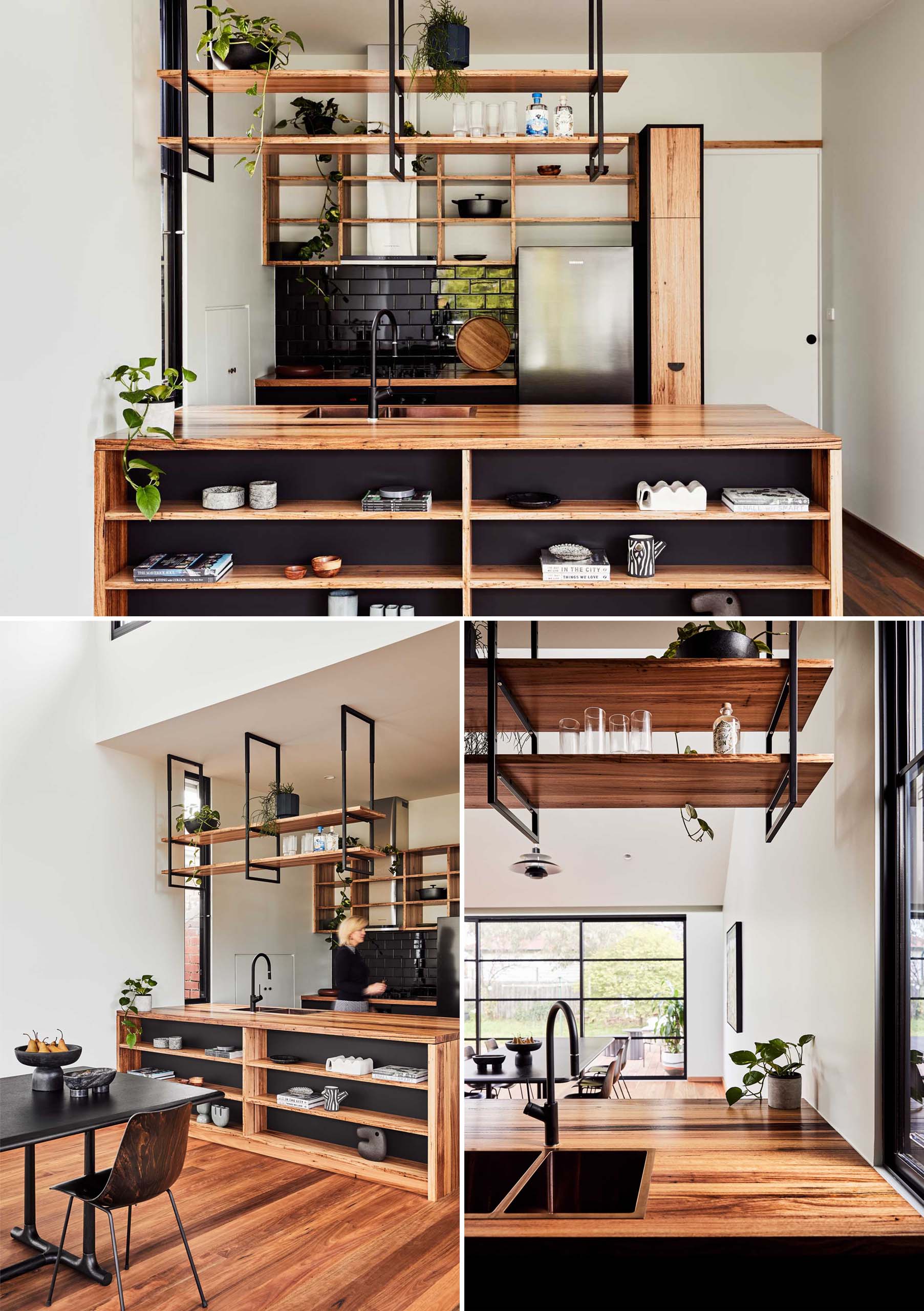 In this modern kitchen, black accents have been used to create a strong contrasting element with the solid timber ‘Wormy Chestnut’ countertops and shelving.