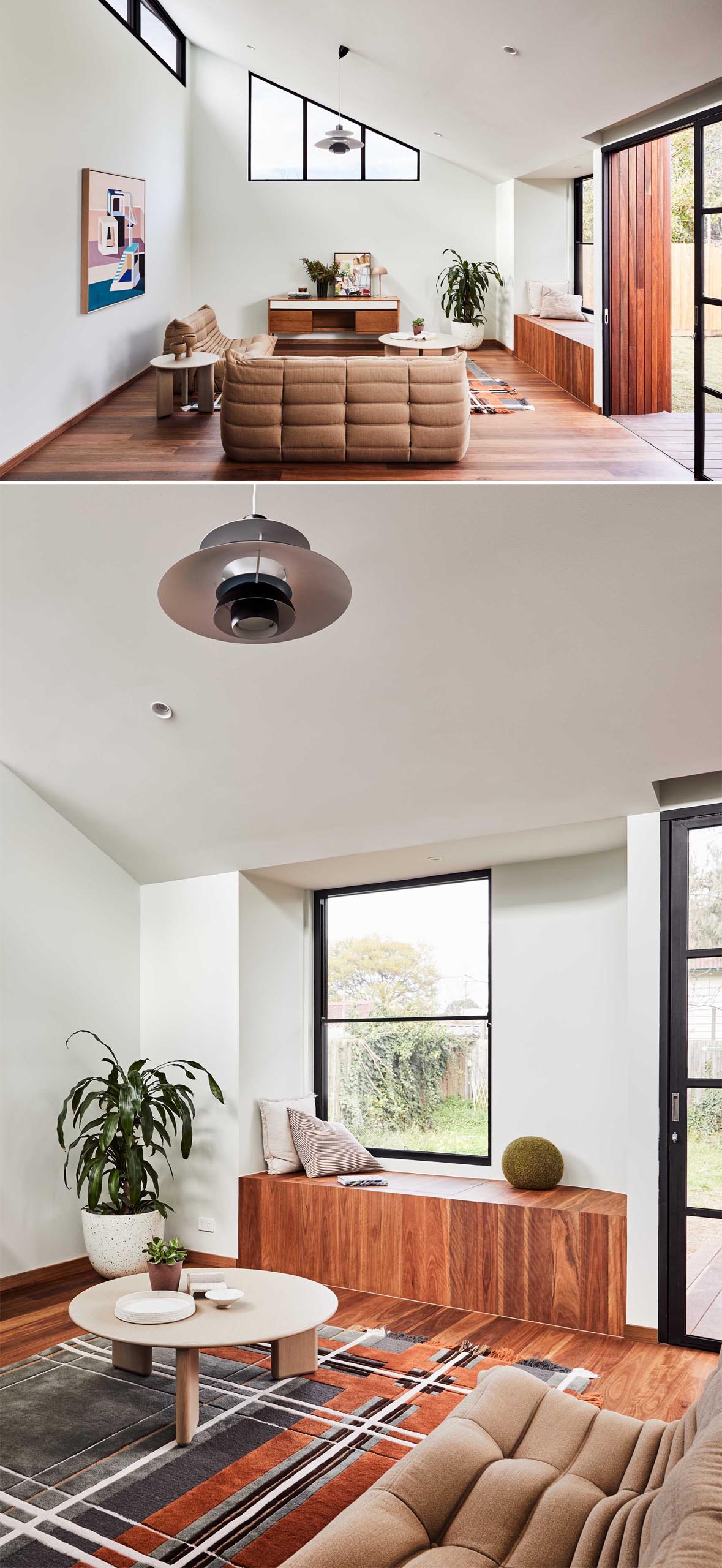 Inside this modern home addition, timber joinery warms the space and a window seat tucked into the corner of the living room provides a private place to read a book with cup of tea in hand.