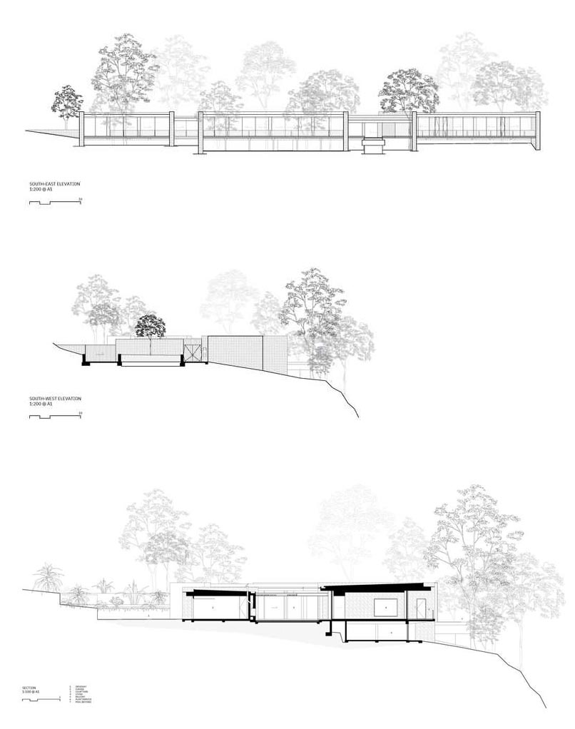 The elevations of a modern stone house.