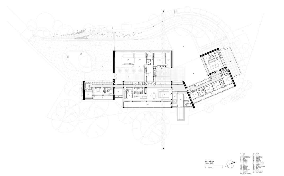 The floor plan of a modern stone house.