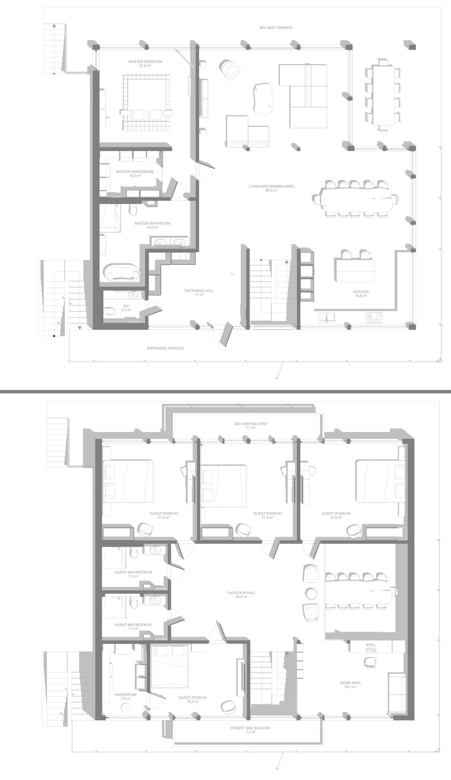 The floor plan of a two storey modern home.