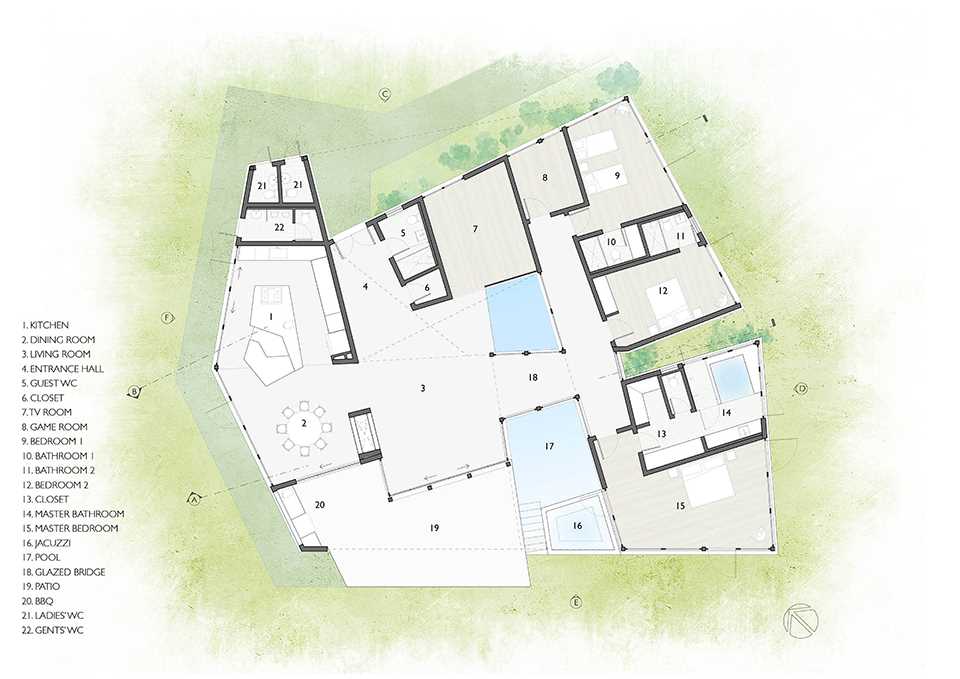 The floor plan of of a wood house with a curvy roof.