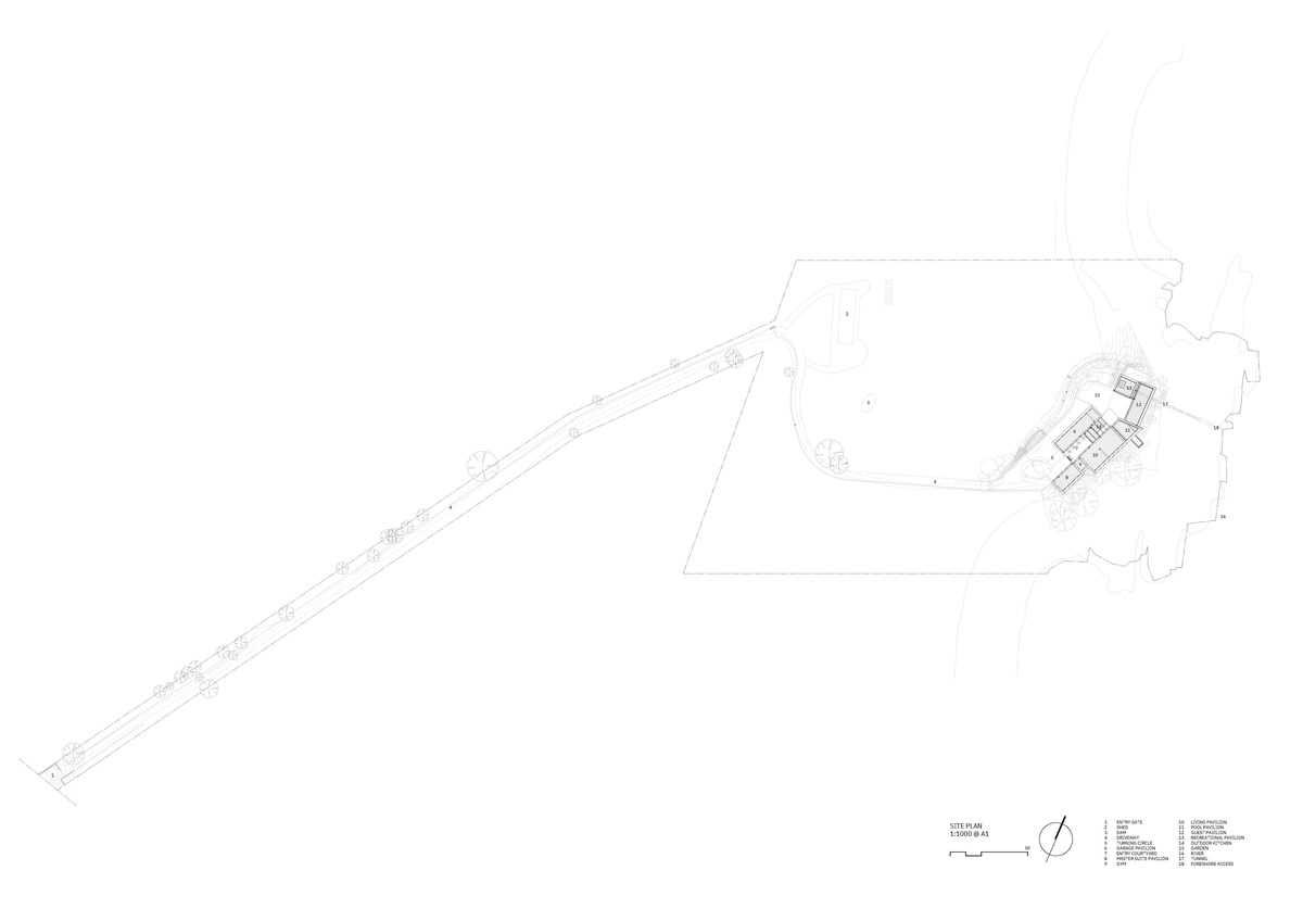 The site plan of a modern stone house.