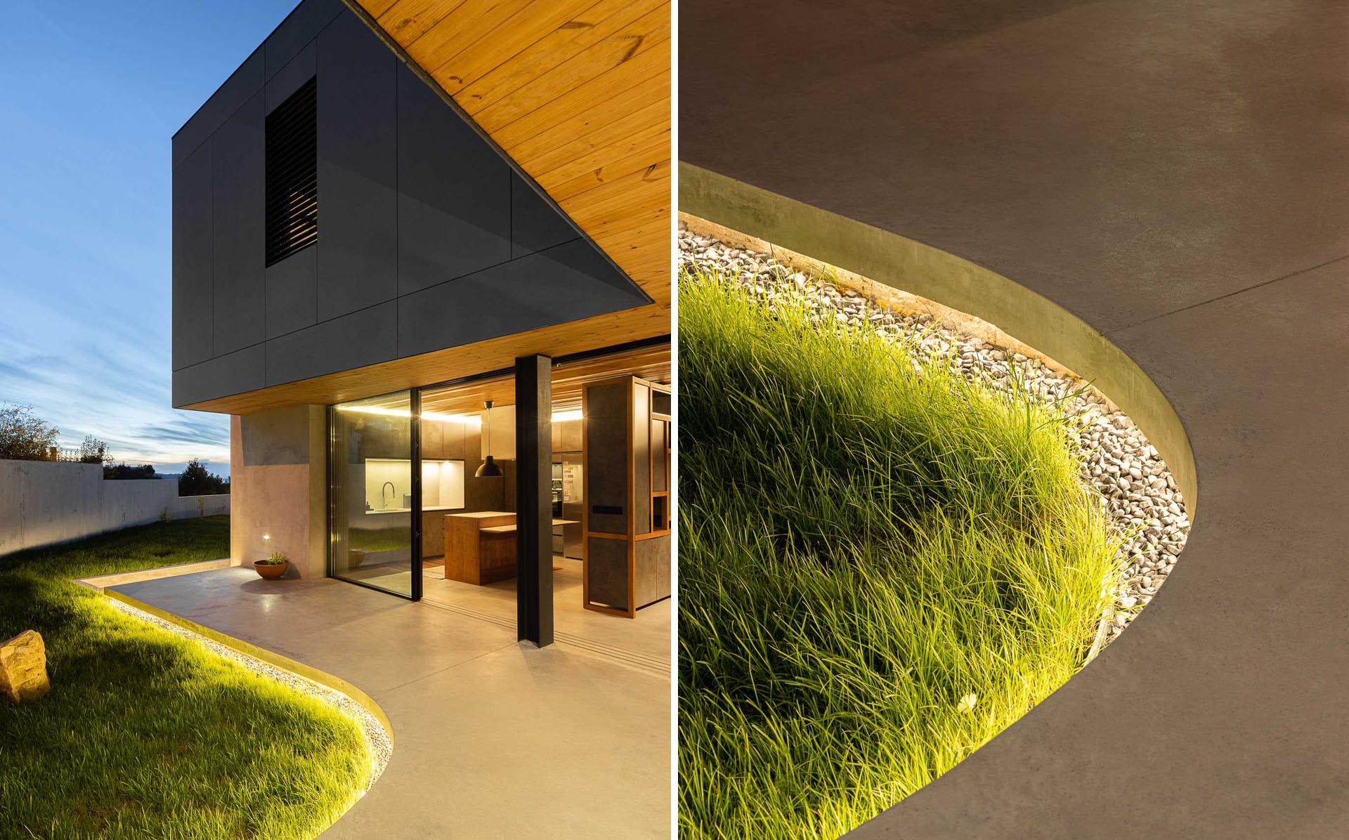 A modern concrete house with a curved patio includes hidden LED lighting.