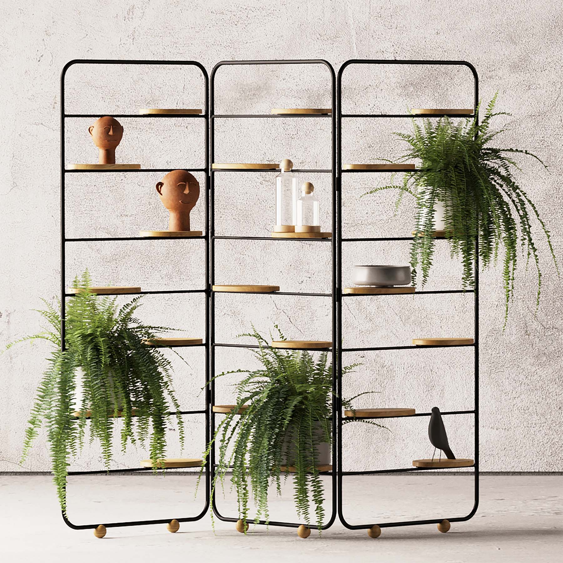 Made of carbon steel and pink peroba, this folding piece can be used as a dividing screen, bookshelf and mobile vertical garden.
