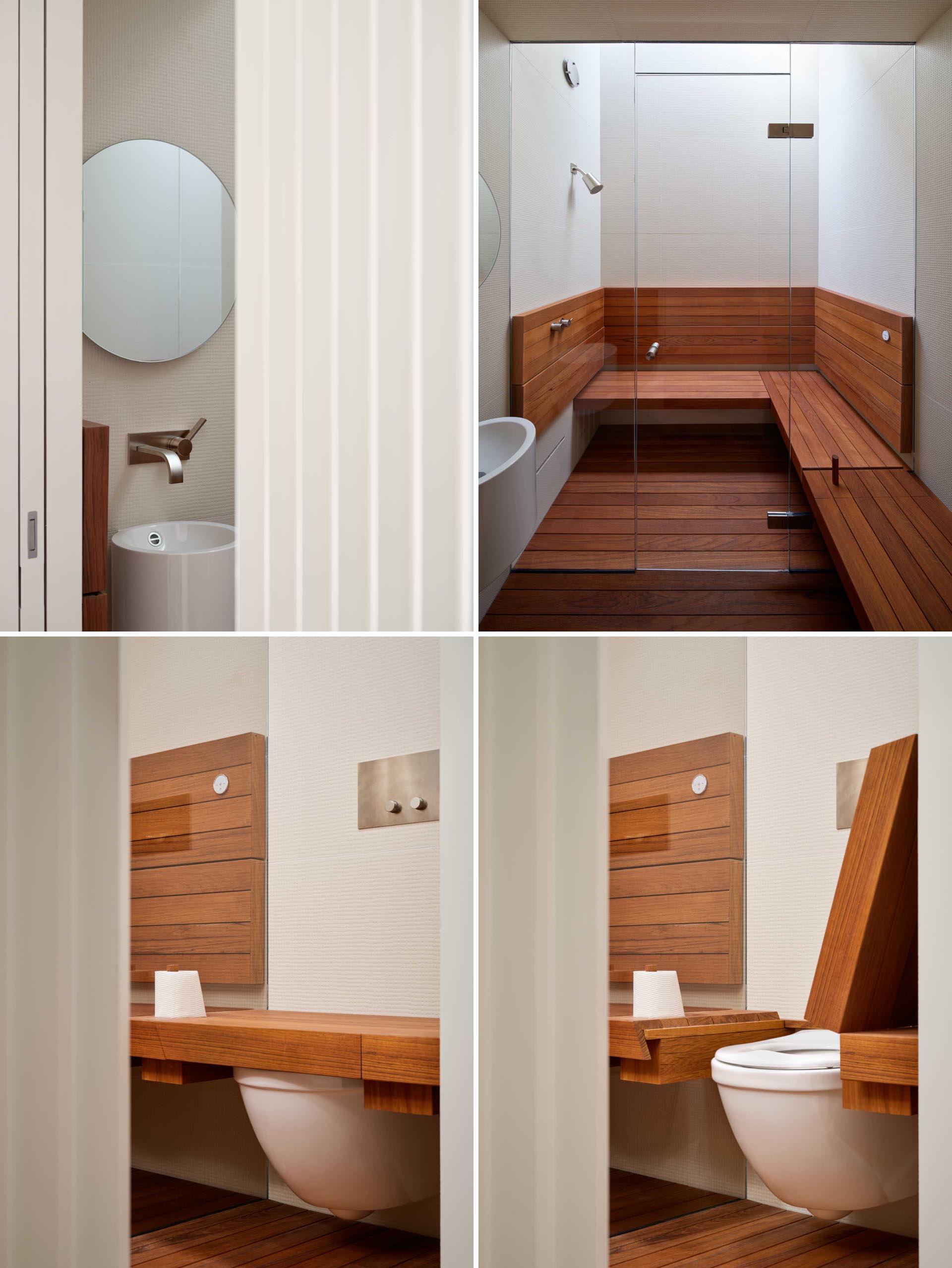 A modern steam room that's been designed with a custom teak bench and integrated toilet seat.