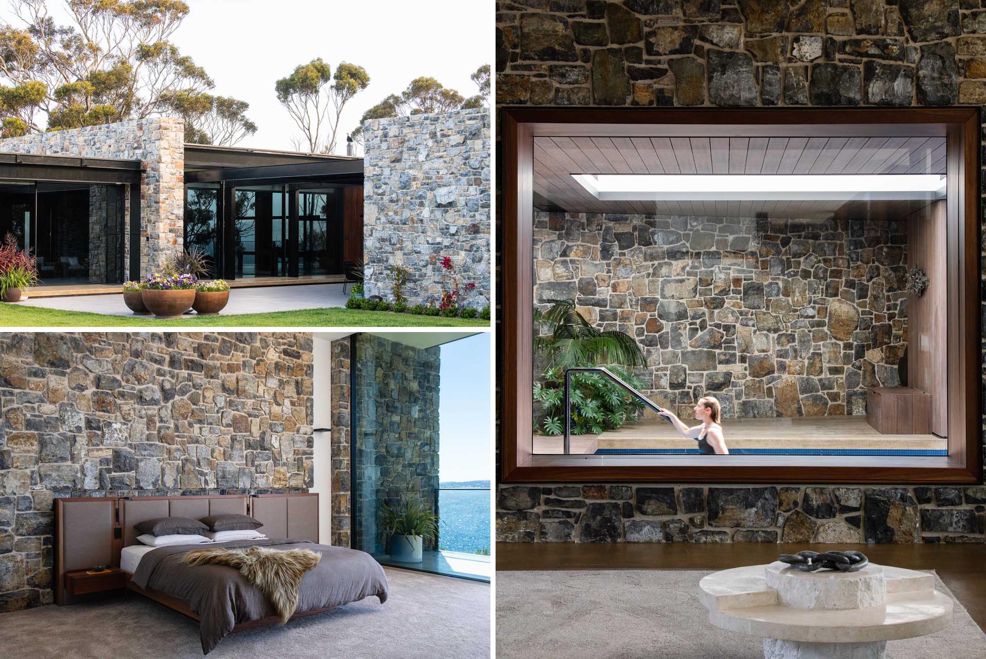 A modern house with stone walls.