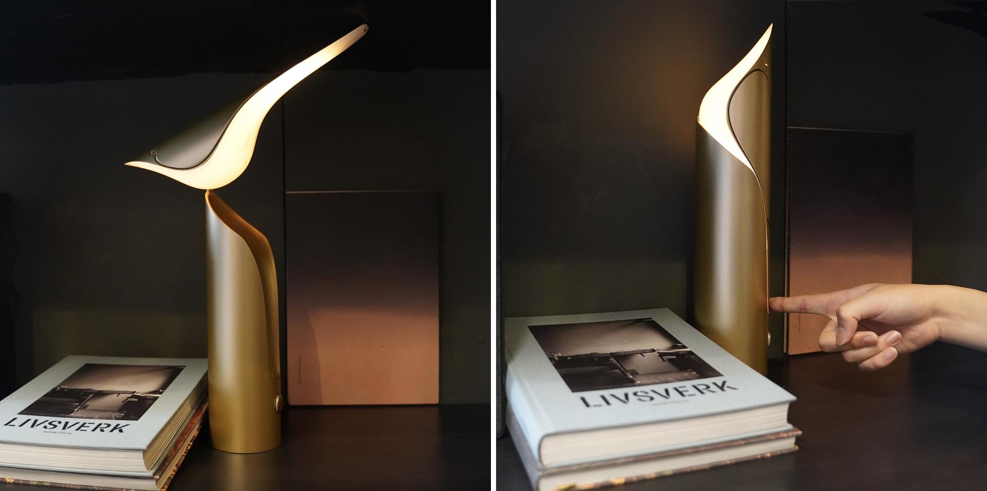 A modern table lamp inspired by the magpie, has a cylindrical body with a contact button at the bottom, and can transition between positions.