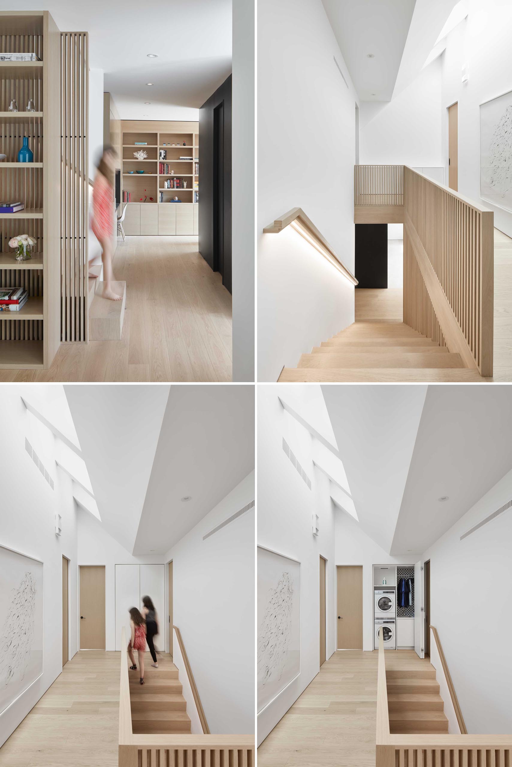 These white oak stairs include wood slat railings and a handrail with hidden lighting. A laundry closet is located at the top of the stairs, making it easy to do laundry for the upstairs bedrooms and bathrooms.