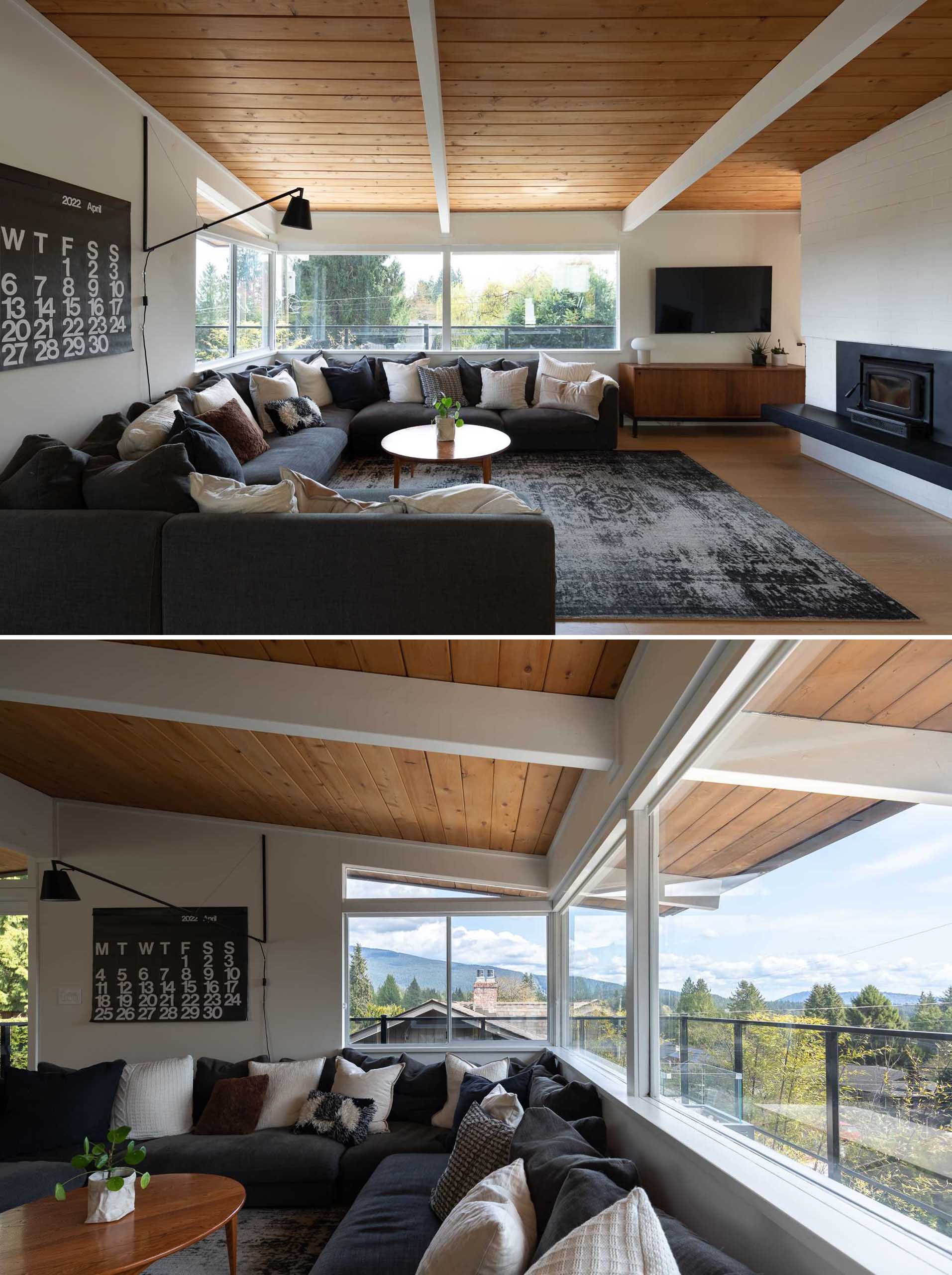 This remodeled living room had the wood paneling on the wall removed, and replaced with bright white paint. The cedar ceiling complements the new White Oak engineered wood floors.