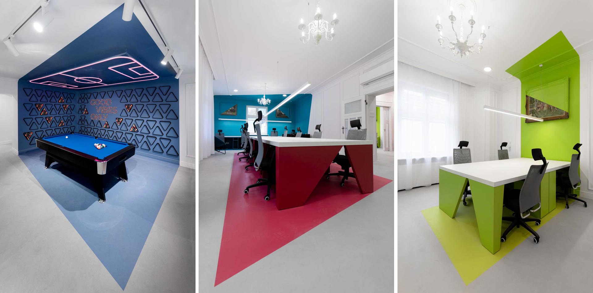 A modern office includes walls of bold colors in abstract designs.