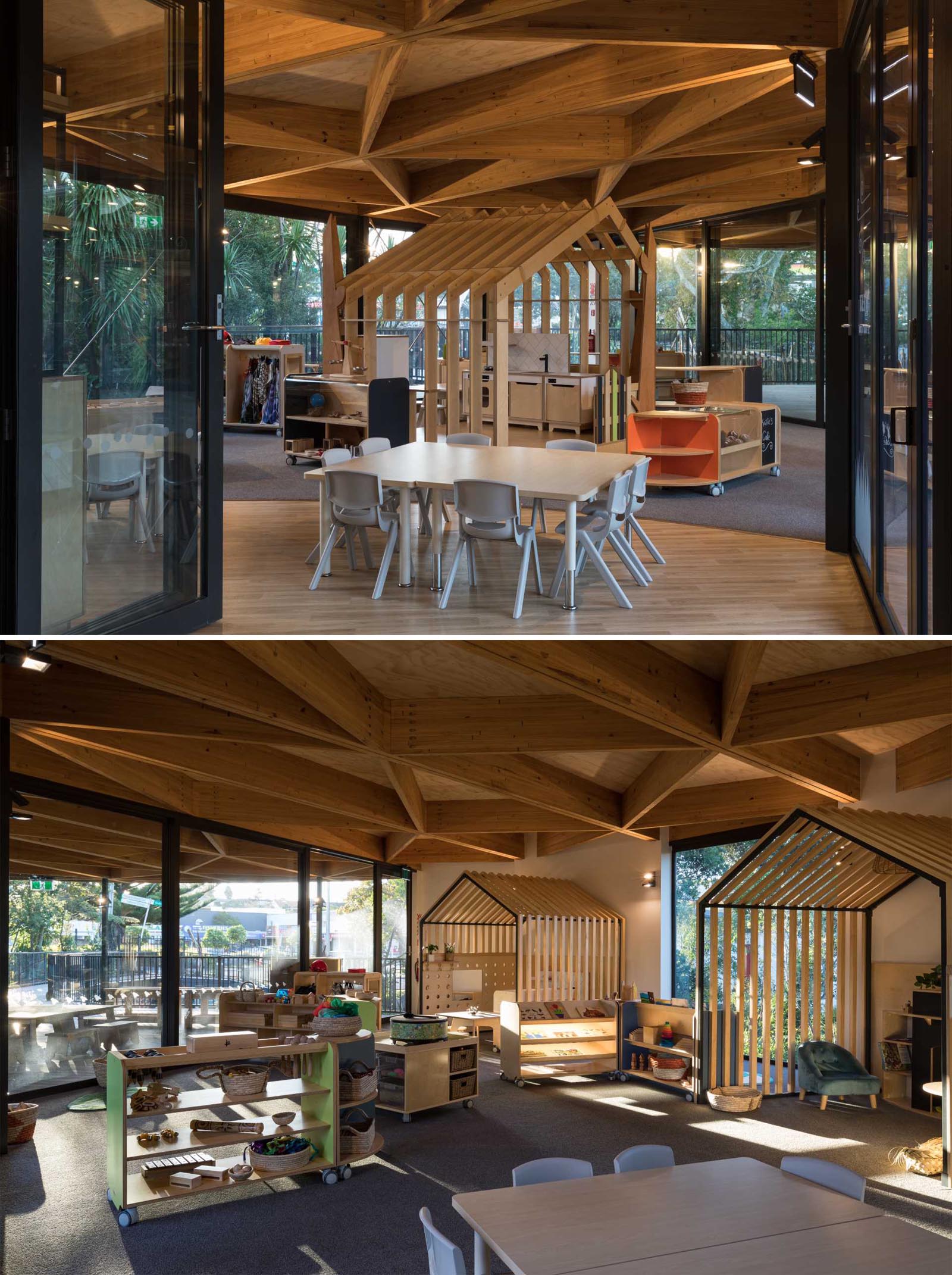 Floor-to-ceiling glass walls surround playrooms at an early learning centre.