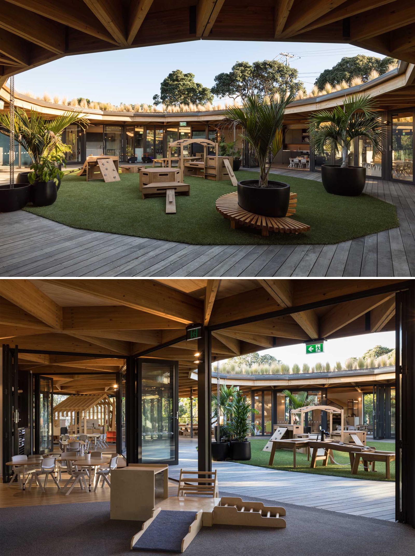 The centrally located playground at this early learning centre is open to the elements and is surrounded by the classrooms.