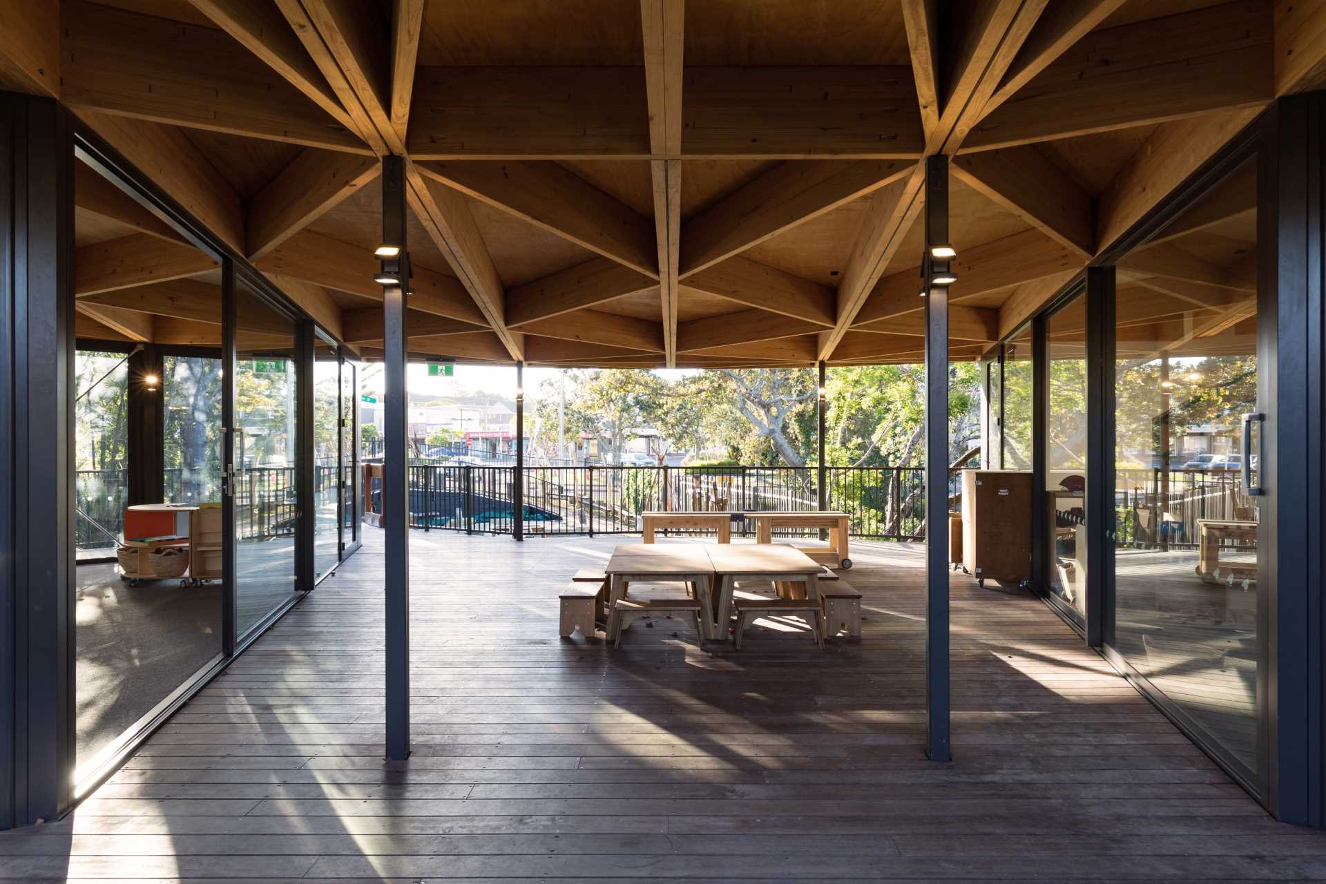 The covered outdoor area of an early learning centre.