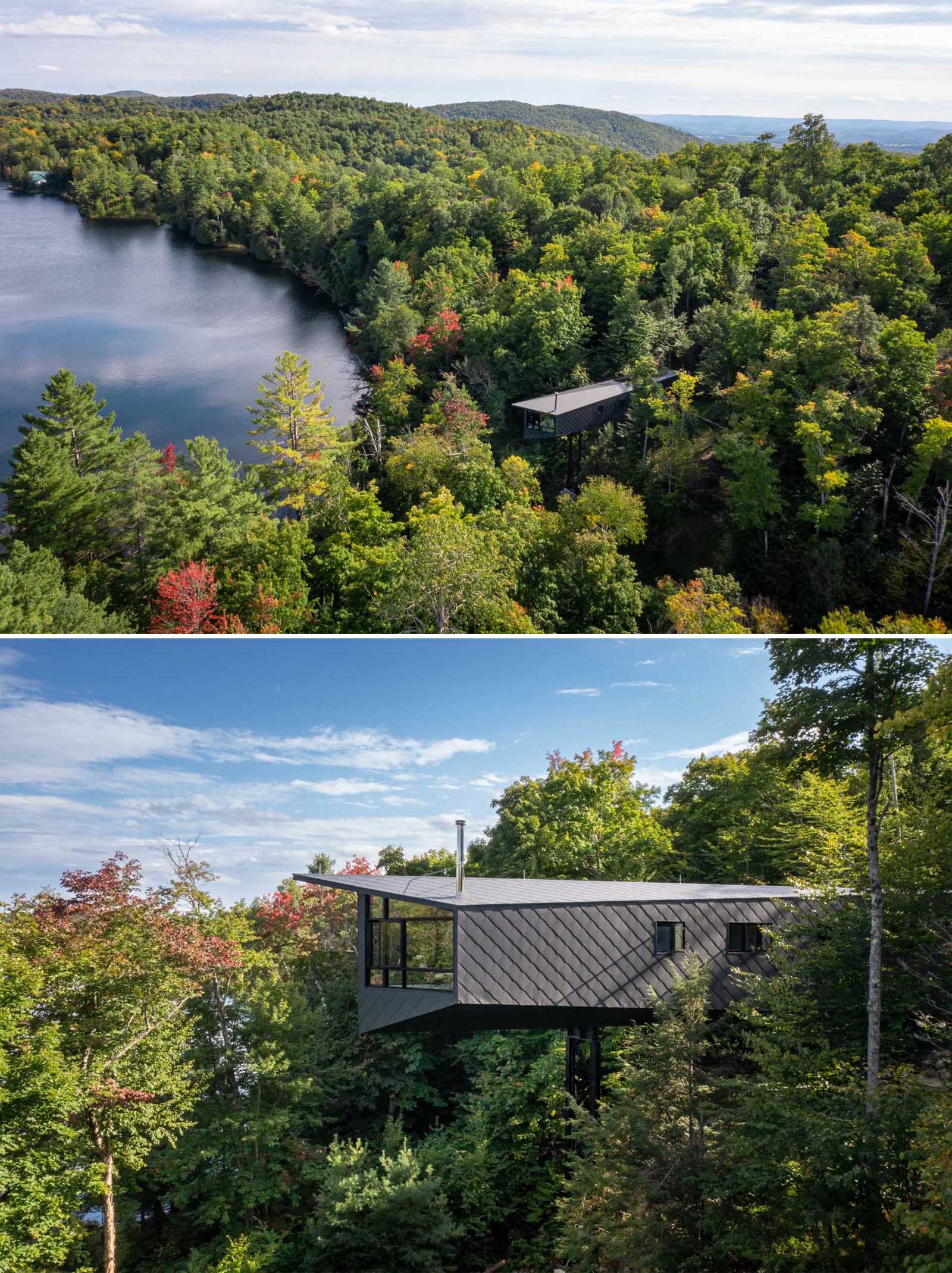 Kariuok Architects have designed a modern cabin in Quebec, Canada, that's elevated to be located within the treetops.
