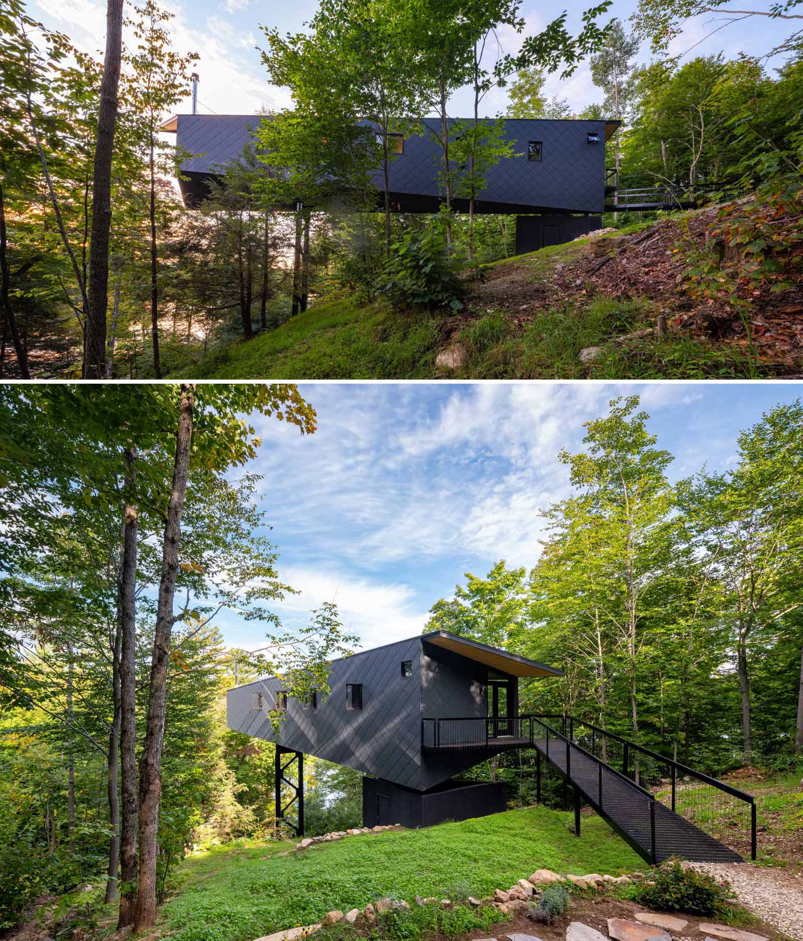 A modern cabin is elevated in the treetops.
