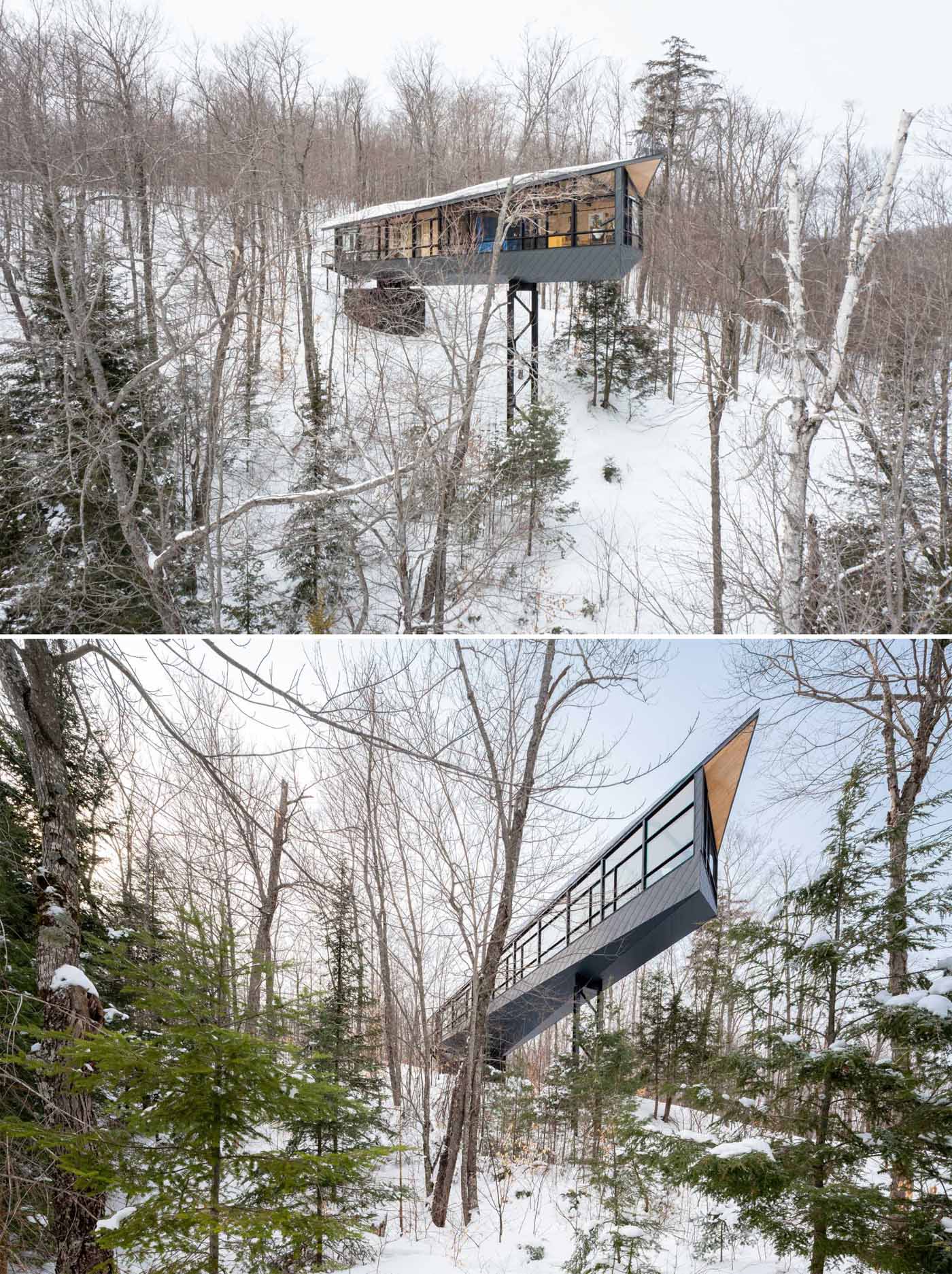 A modern cabin elevated in the forest.