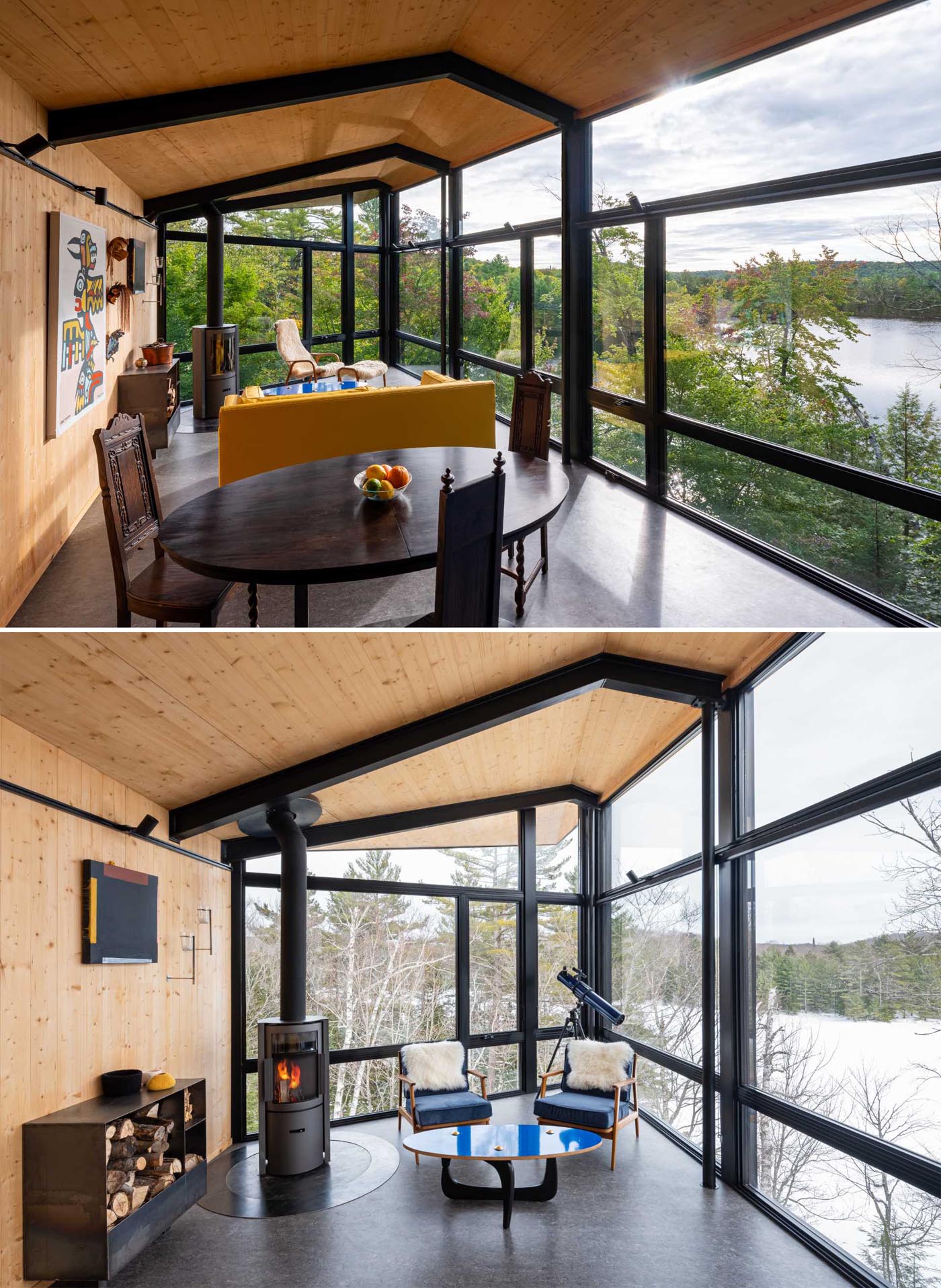 This modern cabin is solar-powered, and heat is provided by a high-efficiency “green carbon” wood stove that can be found in the living room.