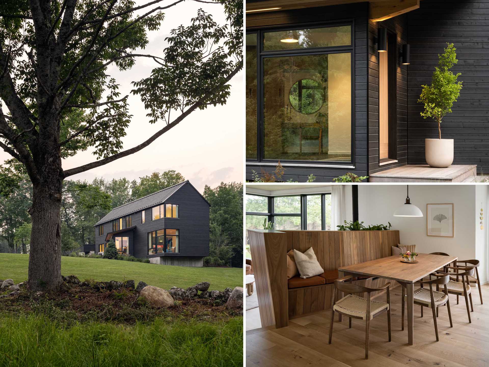 A modern house with a bold exterior clad with black stained wood siding.