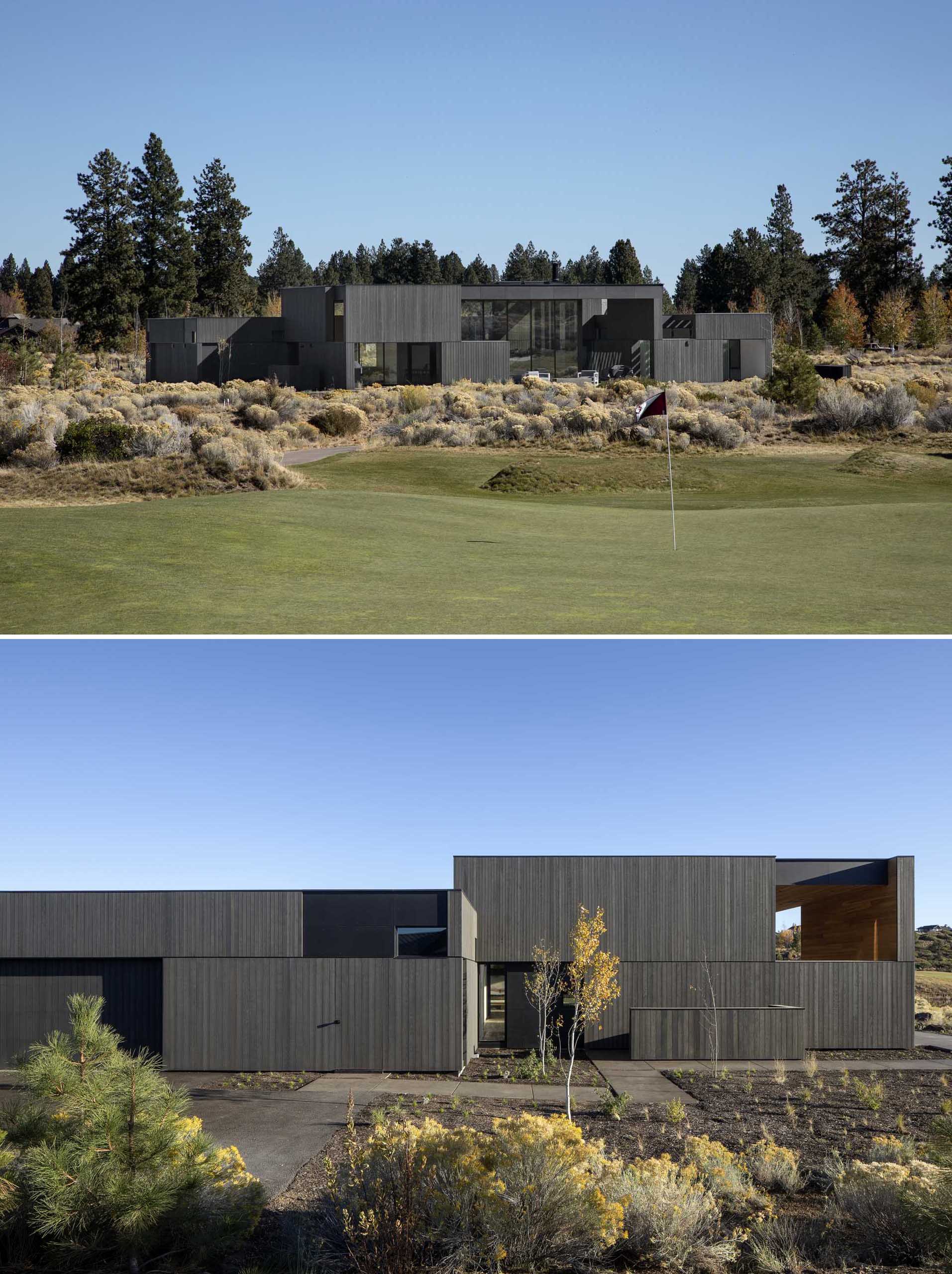 An exterior of cedar, steel, and glass give the High Desert Residence a bold presence in the shrubby, volcanic landscape that surrounds it.