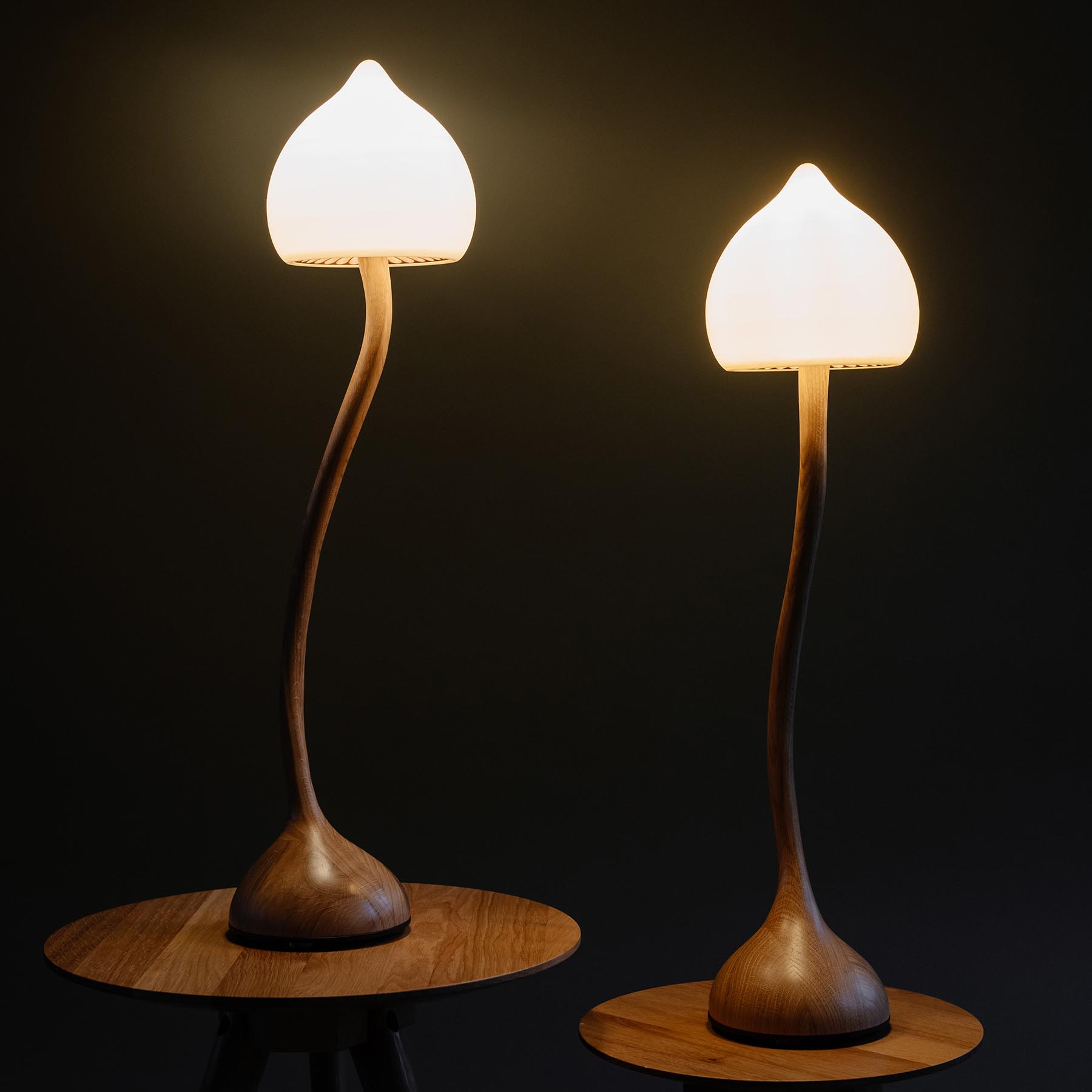 A mushroom-inspired table lamp made from wood.
