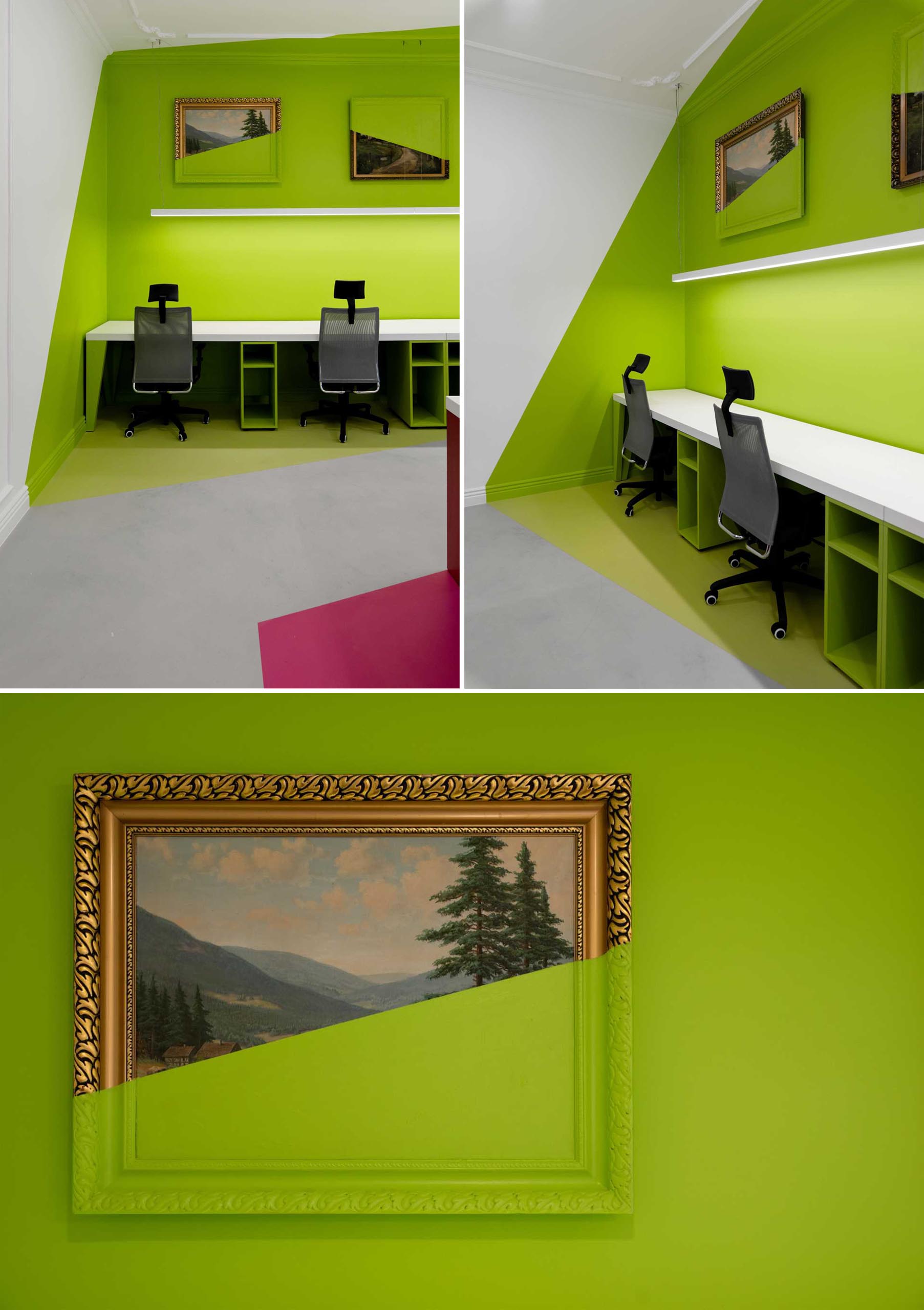 Green abstract walls with matching paintings create a unique look for this office interior.