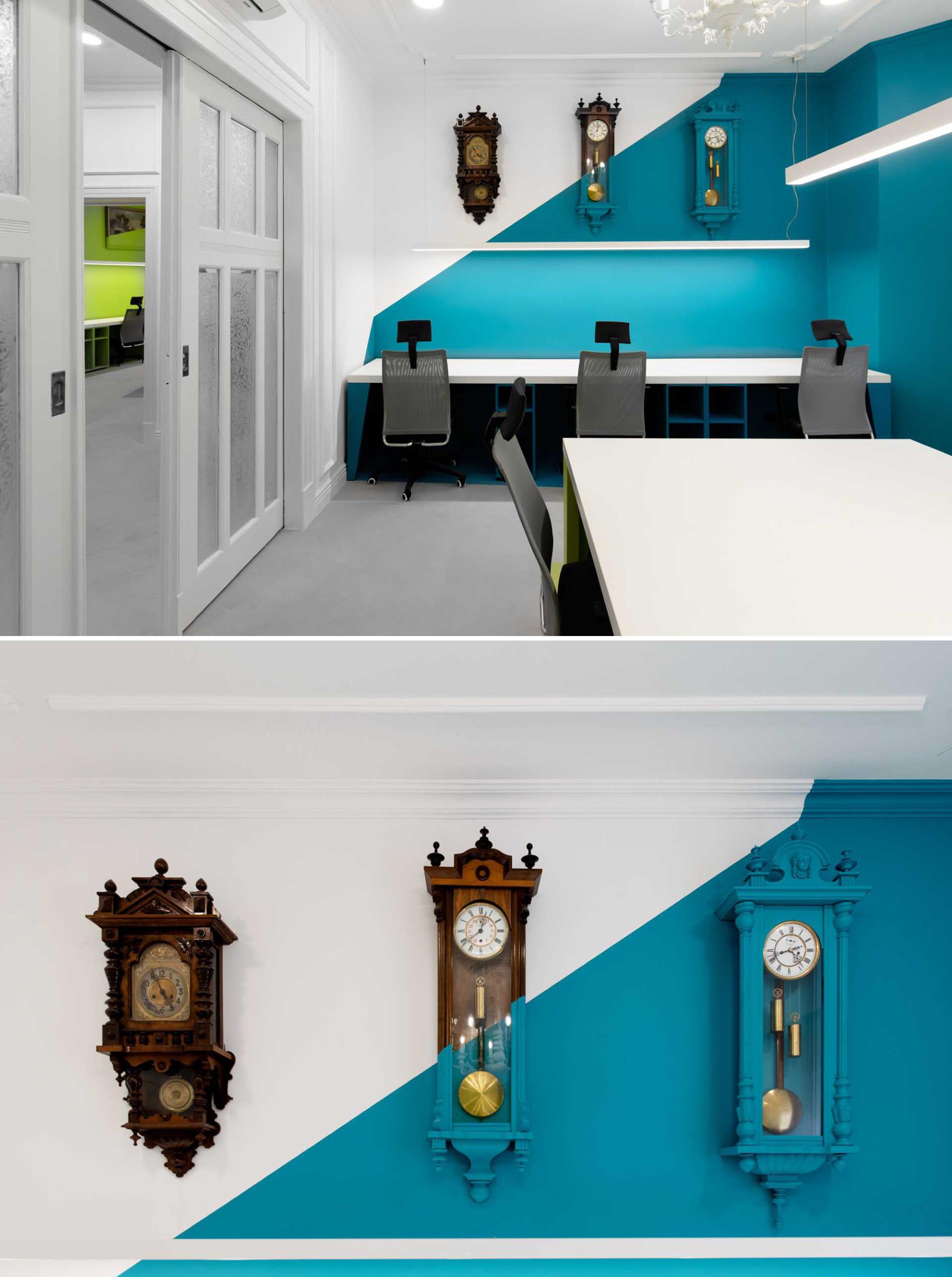 Turquoise abstract walls with matching painted decor create a unique look for this office interior.