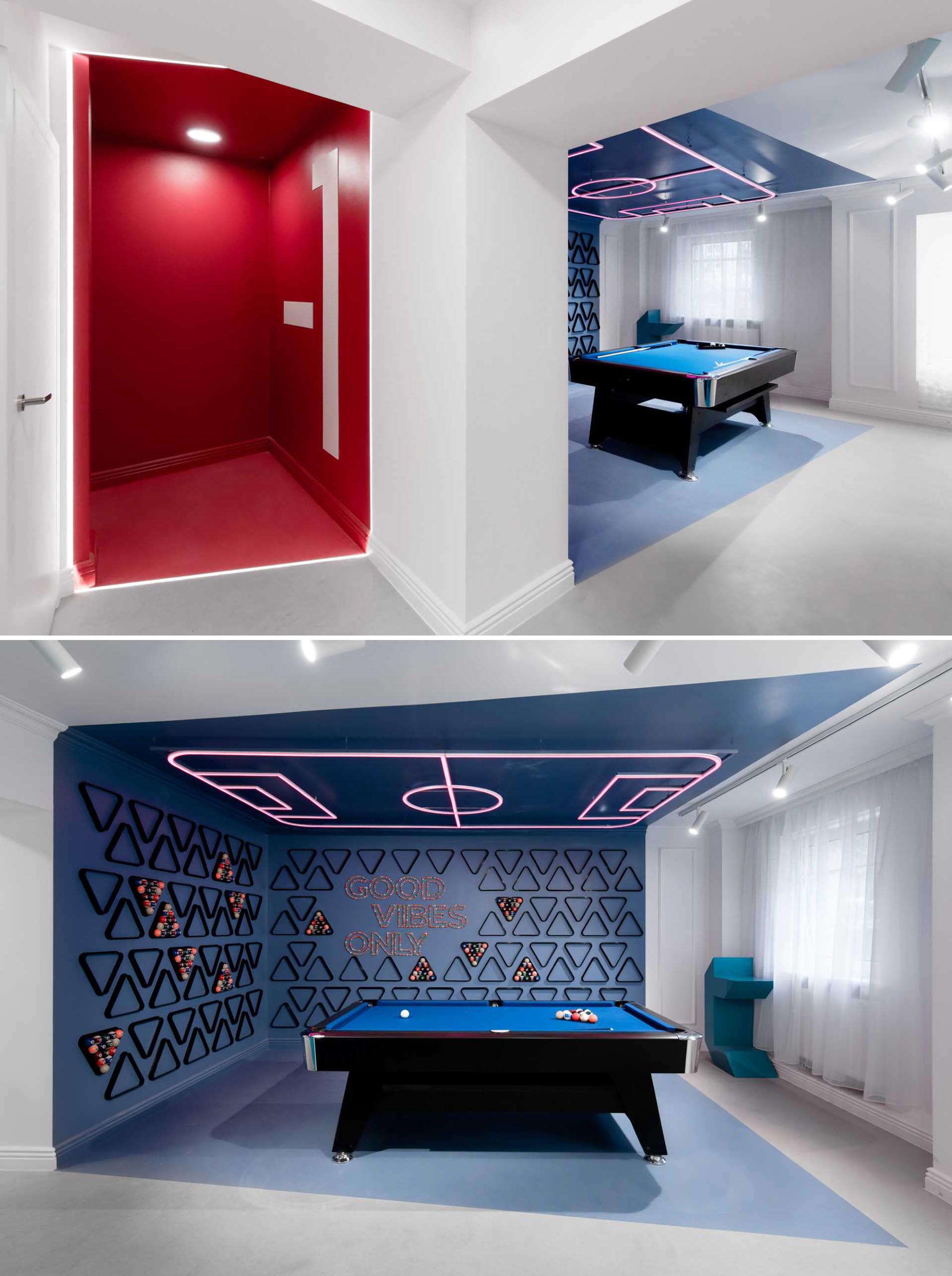 In this office break room, blue was chosen as the accent color, and it's been furnished with a billiard table, a neon accent light on the ceiling, and walls filled with billiard accessories.