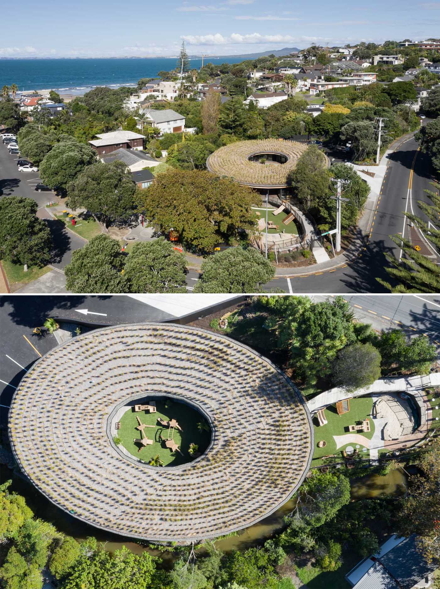 Natural grasses top a circular green roof of an early learning centre.