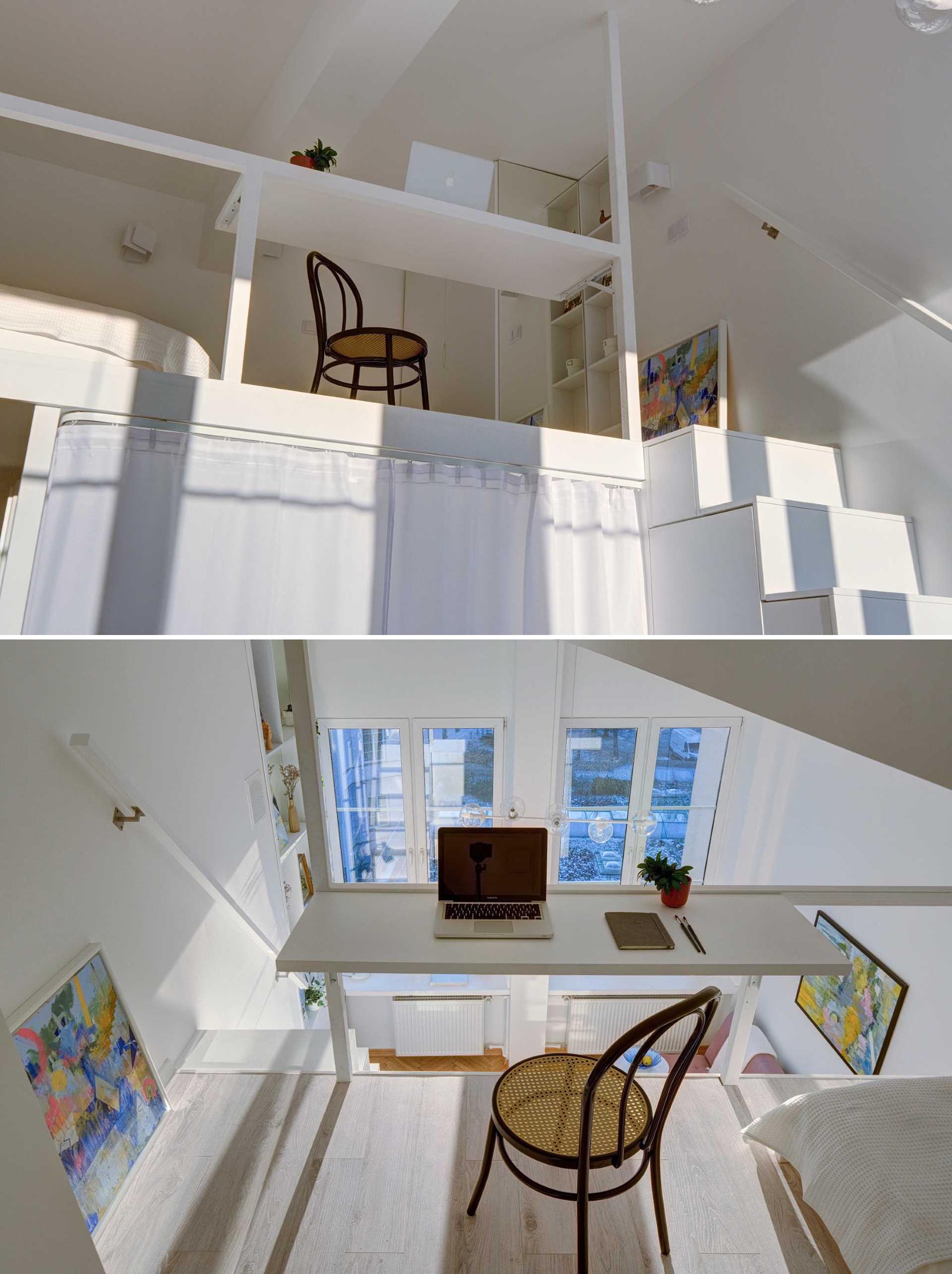 In the loft at the top of the stairs, there's a built-in desk that uses the railing for support.