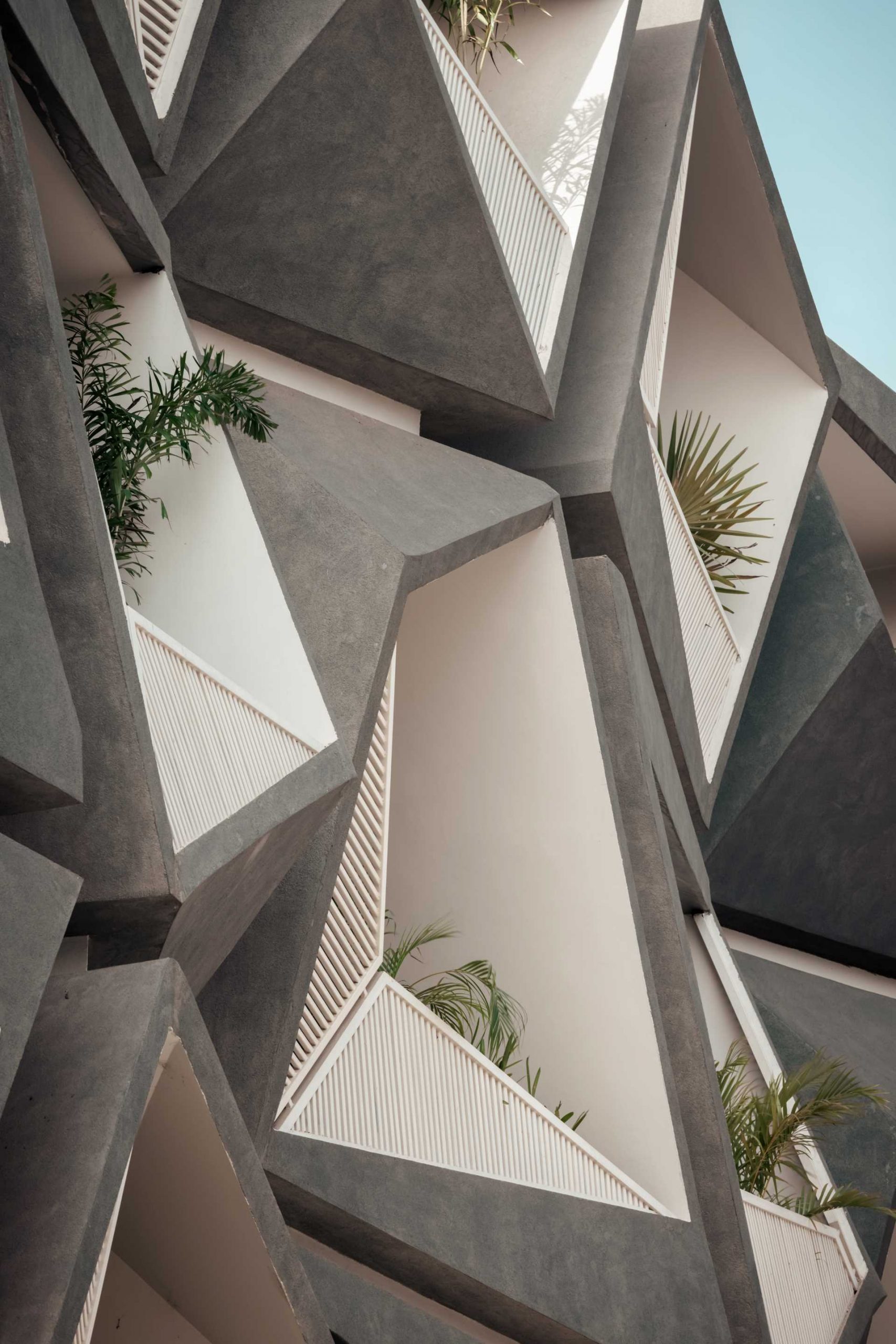 Angular balconies add interest to a building's facade.