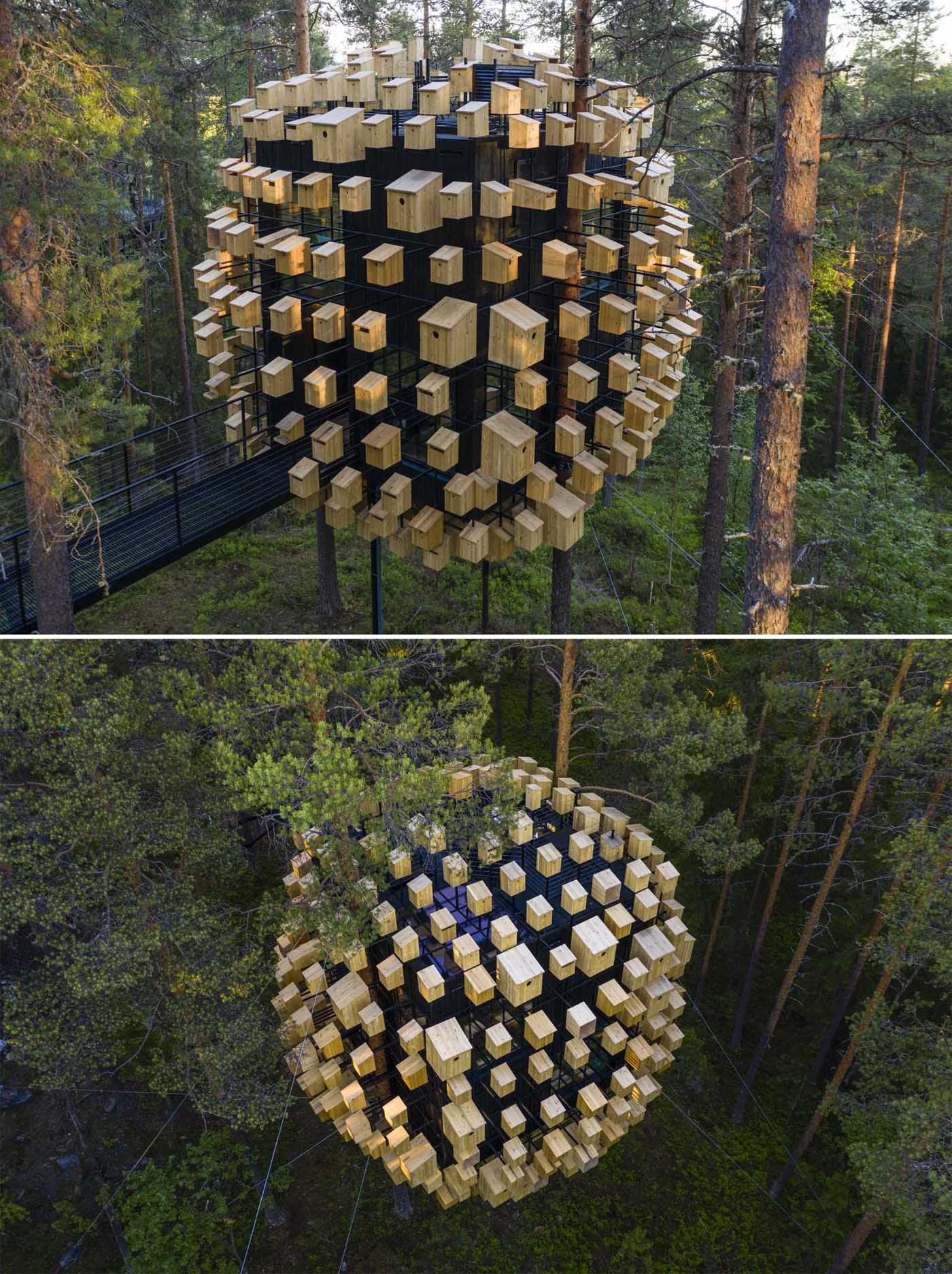 350 bird houses cover a suspended hotel room.