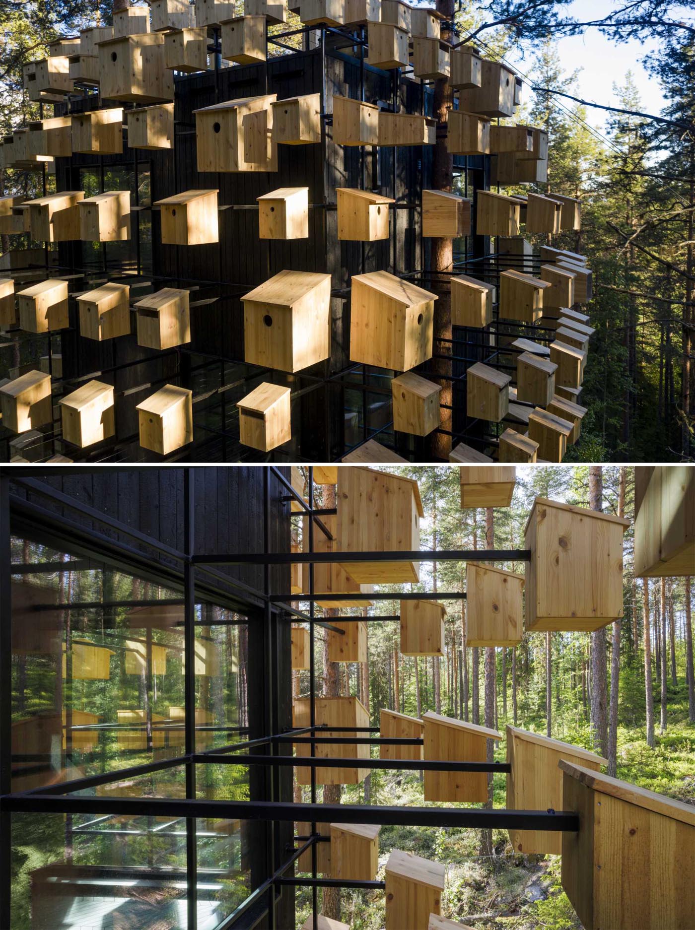 A suspended hotel room in Sweden is covered in 350 bird houses.