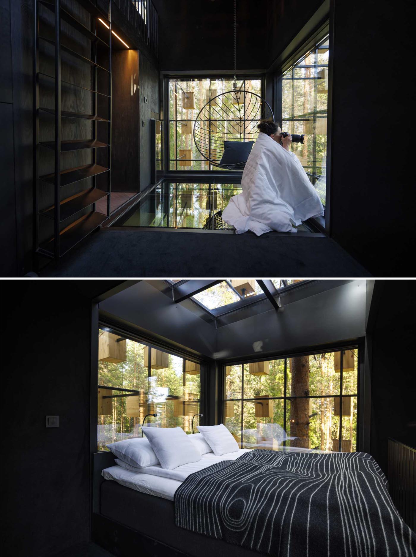 The dark interior of a suspended hotel room.