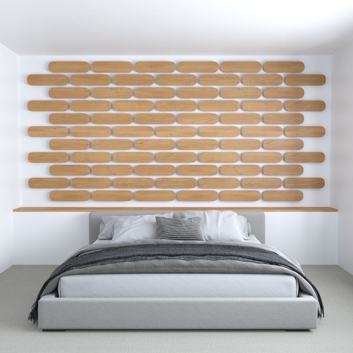 This wood accent wall is made up of a series of rounded rectangles, each the same length.
