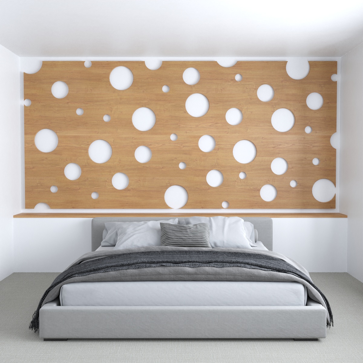 Similar to the holes that can be found in Swiss cheese, this wood accent wall has cut-out circles, adding a whimsical touch to the bedroom.