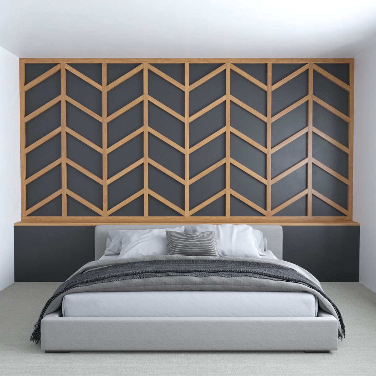 This chevron wood accent wall, not to be confused with herringbone, has wood lengths cut on an angle that connect to straight lengths.