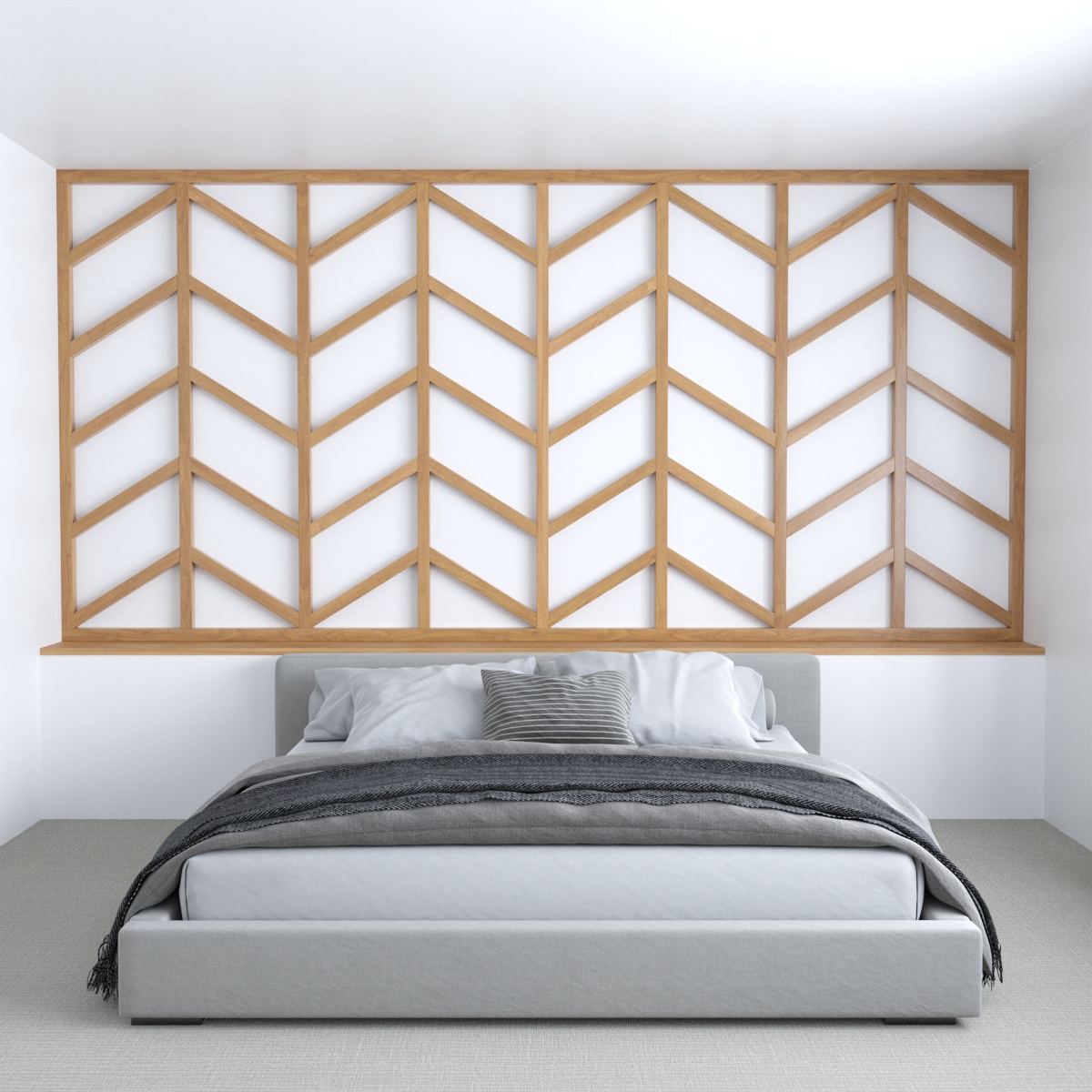 This chevron wood accent wall in a bedroom, not to be confused with herringbone, has wood lengths cut on an angle that connect to straight lengths.