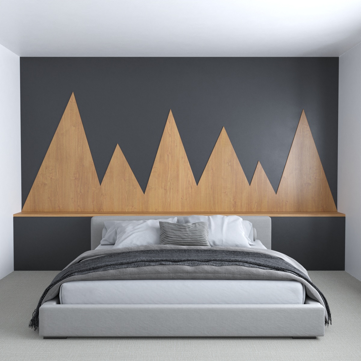 Inspired by mountains, this wood accent wall has a series of peaks that stand out against the backdrop of the black-painted wall.