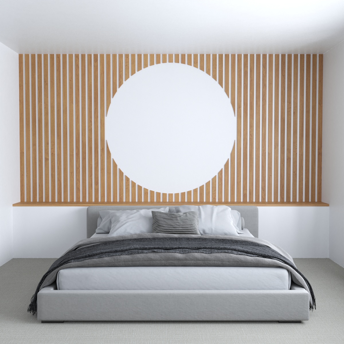This wood accent wall design includes three variations that range from a single large round circle cut out of wood slats, to two half circles, and then a third design with 4 half circles.
