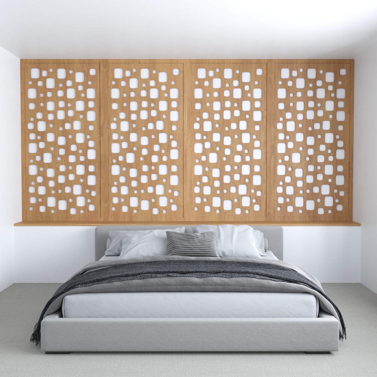 An accent wall could be made by combining a series of wood panels that have had various shapes cut out of them, creating a screen that shows glimpses of the wall behind them.