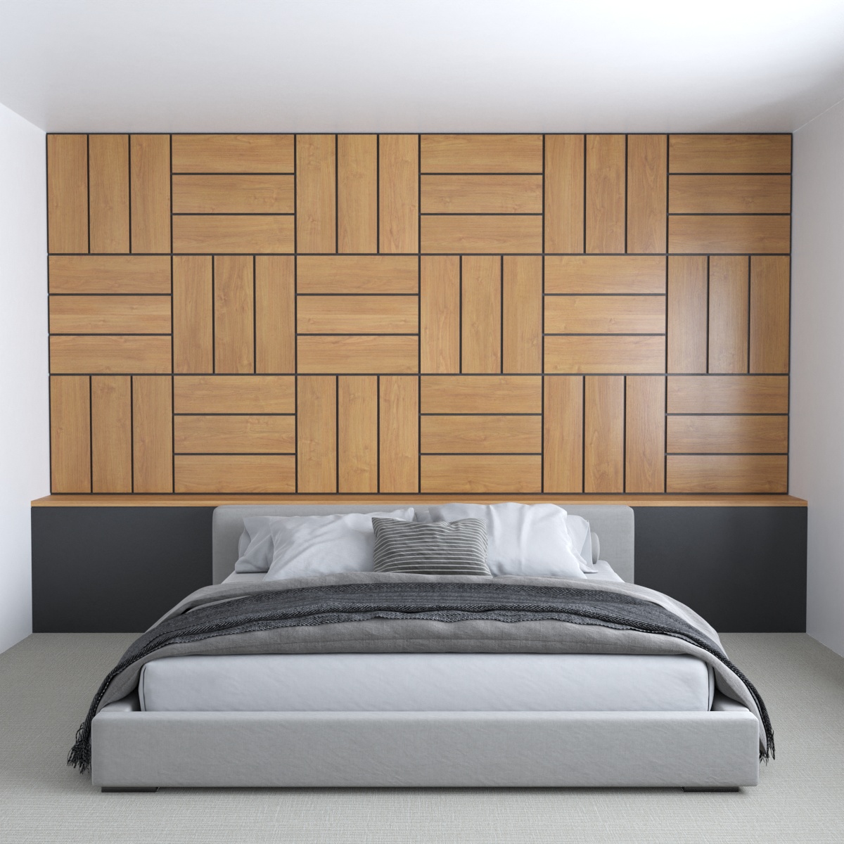 Inspired by parquet flooring, this wood accent wall design uses the same length of wood for the entire wall, the only difference, is the way that it's installed, either vertically or horizontally.