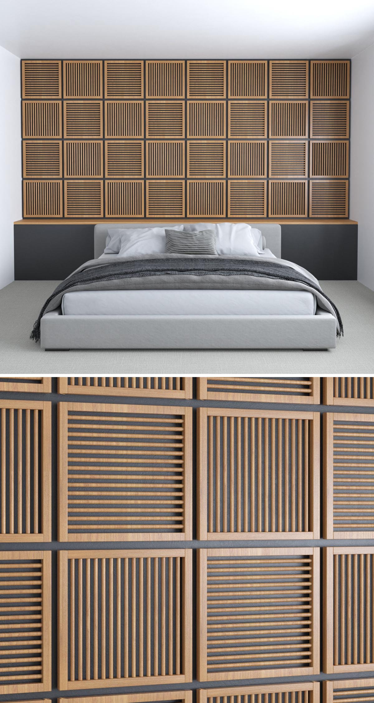 Wood shutters, often found on the exterior of a home, were the inspiration behind this wood wall accent design, with a collection of frames filled with wood dowels making up the wall.